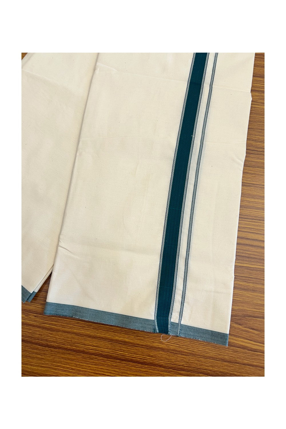 20% DISCOUNT ! KaithariKada Balaramapuram 100% COTTON SINGLE OFF WHITE - (Unbleached) Mundu/Dhoti-Twisted 100s Thread- 1.5 Inch Dark Green Striped Kara (2 metre / 4 muzham) - 1KK5079ASH