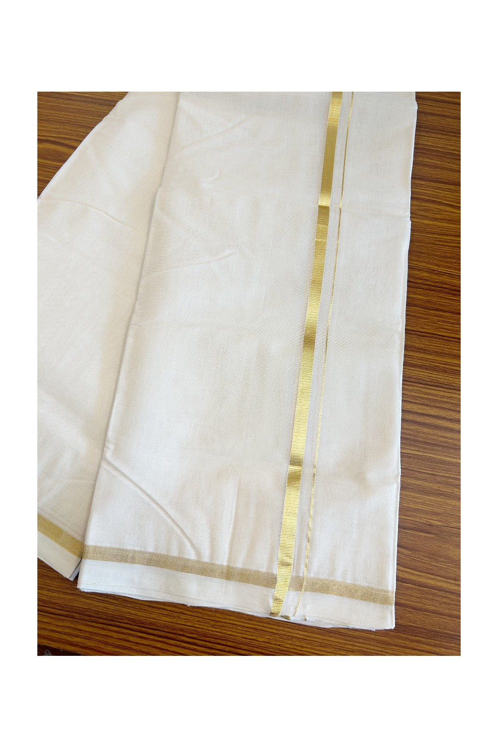 25% Discount !! KaithariKada HANDLOOM Millpaav Balaramapuram - 100% PURE Cotton Off white (Unbleached) Double Mundu/Dhoti - 1 inch Kasavu Kara - 1KK5082RAM
