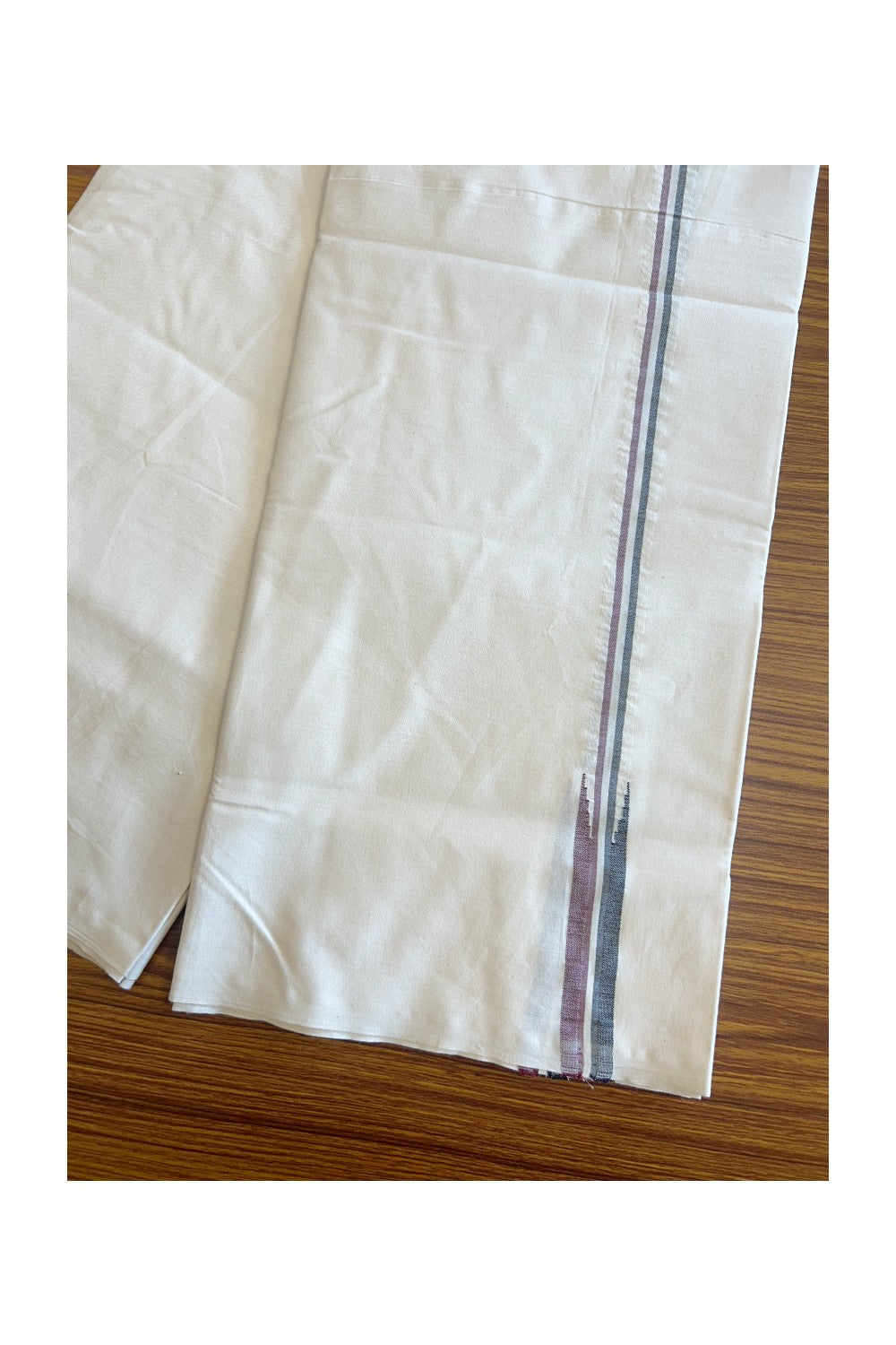 ADMK VESHTI 31% DISCOUNT ! KaithariKada Balaramapuram 100% COTTON SINGLE OFF WHITE (Unbleached) Mundu/Dhoti-100X100- 0.75 inch Puliyilakkara Maroon & Black Chutty Kara (2 metre / 4 muzham) - 1KK5087ASH