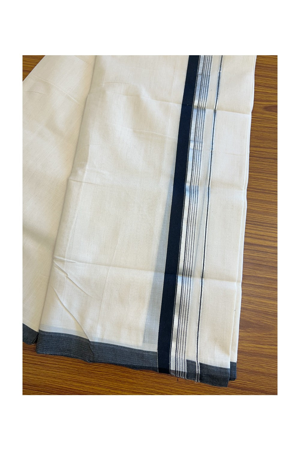 25% Discount! KaithariKada HANDLOOM UNAKKUPAAV Balaramapuram - 100% Cotton Double OFF White (Unbleached) - Mundu/Dhoti - 100x100 2.25 inch BLACK & Silver kasavu side Stripes Kara - 1KK5096YAR