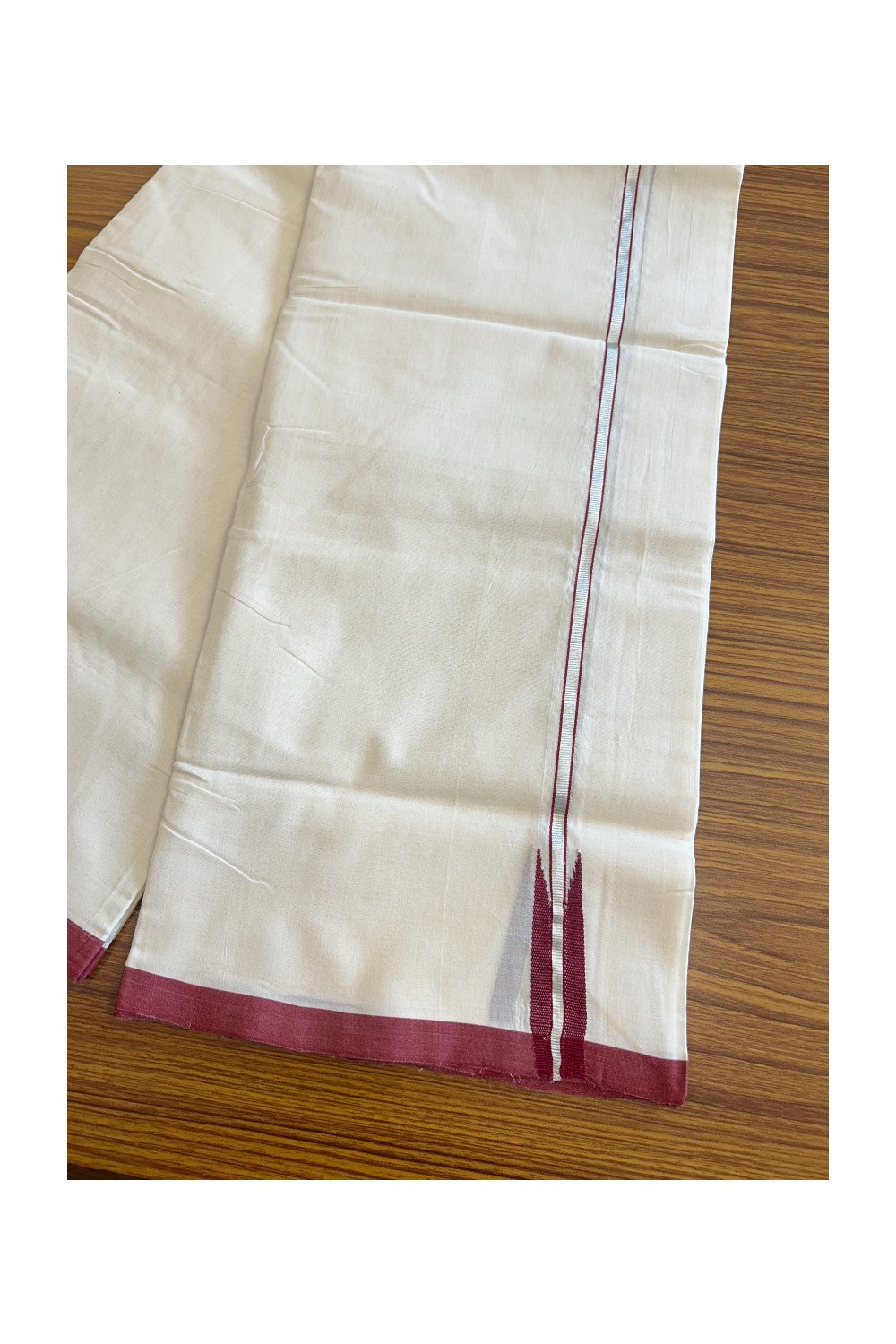 30% DISCOUNT!! KaithariKada BALARAMAPURAM HANDLOOM Unakkupaav - 100% PURE Cotton 100x100 Double Mundu/Dhoti OFF WHITE (Unbleached) - 0.75 inch PULIYILAKKARA Silver Kasavu & Maroon Chutty KARA - 1KK5105RAM