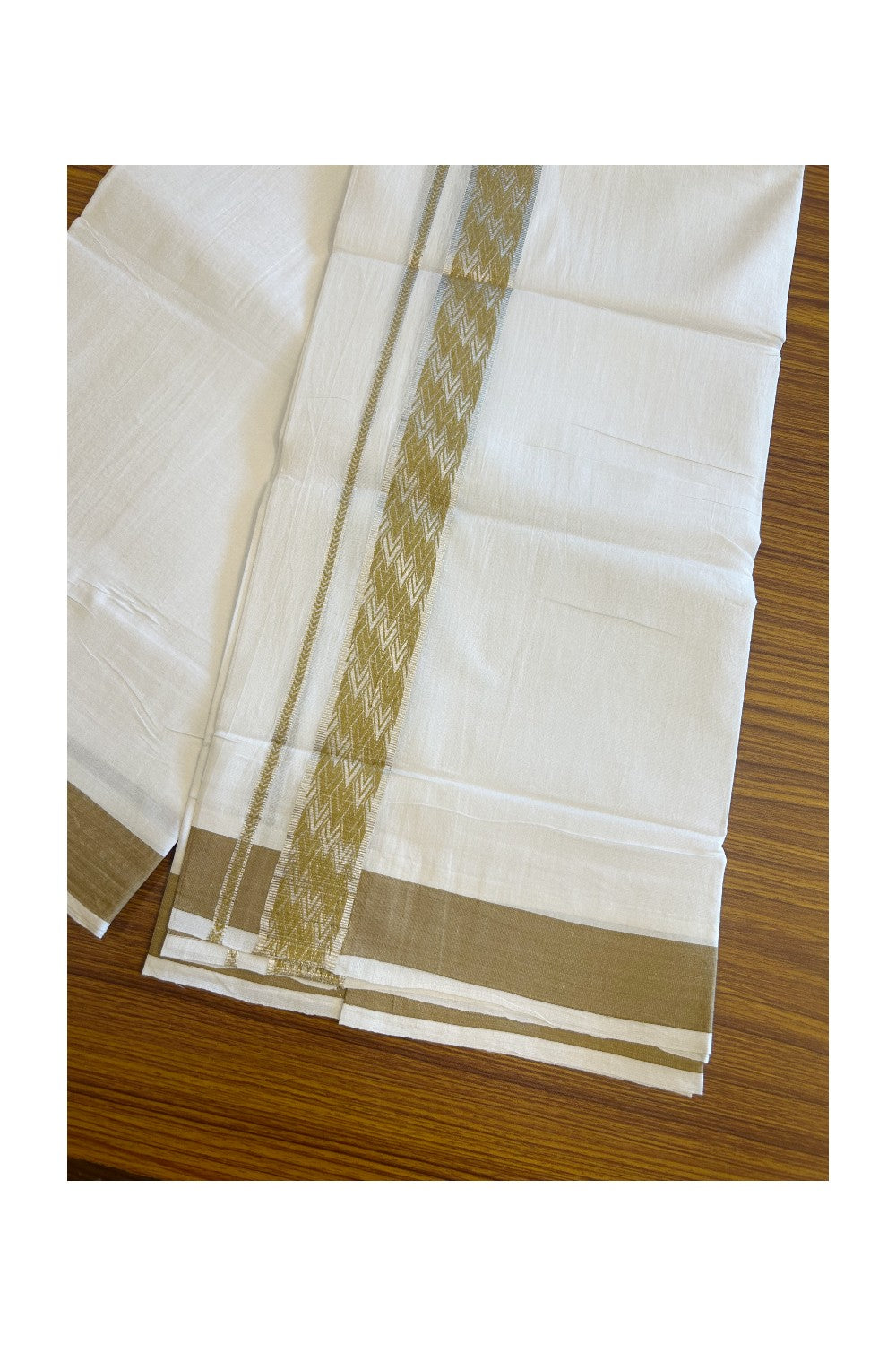 20% Discount! KaithariKada Balaramapuram 100% Cotton Double Pure white Mundu/Dhoti - 100x80 - 2 Inch Silver kasav Sand Brown jacquard pattern Kara - 1KK5118PMC