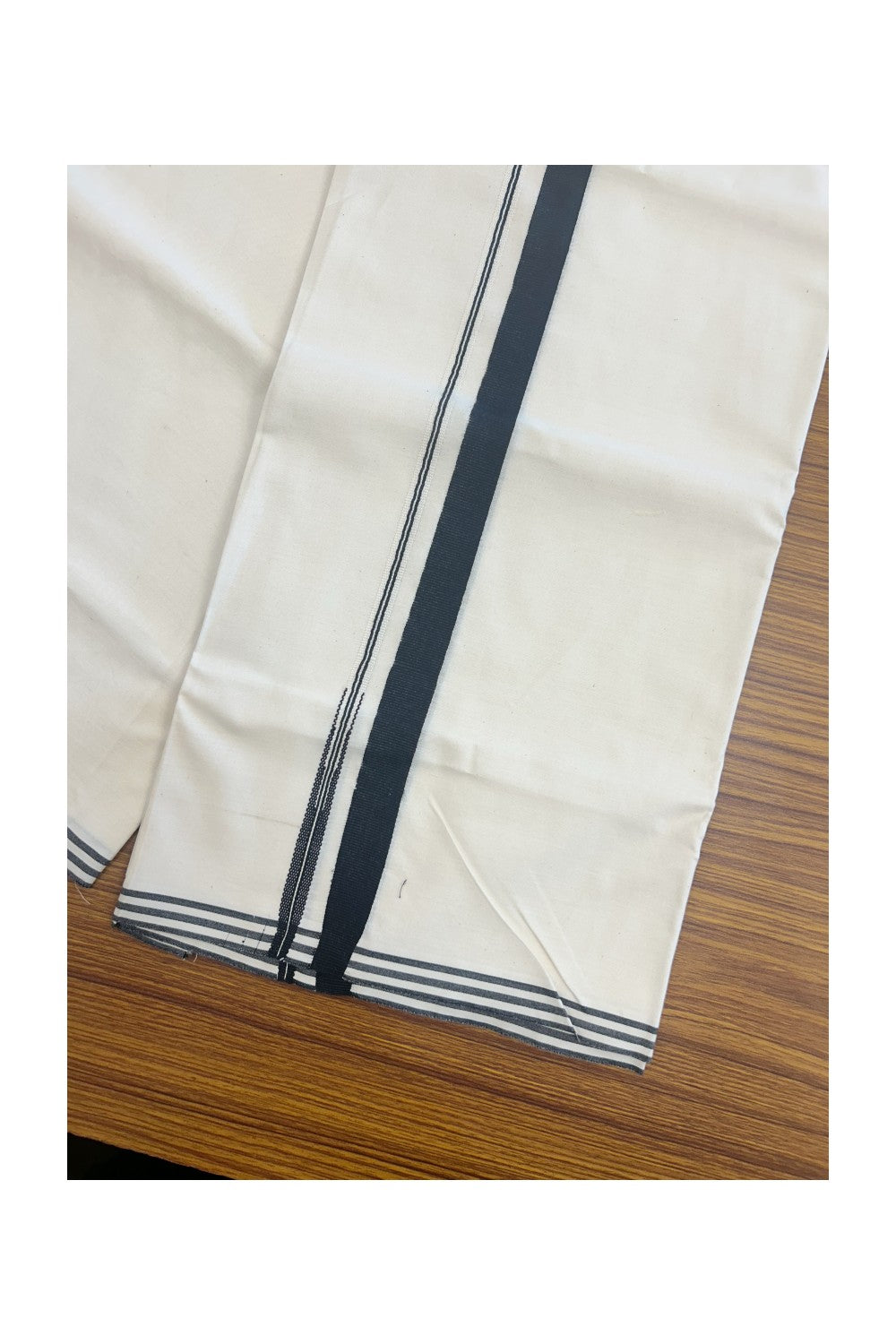 16% DISCOUNT ! KaithariKada Balaramapuram 100% COTTON SINGLE OFF WHITE (Unbleached) Mundu/Dhoti-100X100- 0.75 inch  Puliyilakkara Black Chutty Kara (2 meter / 4 muzham) - 1KK5159ASH