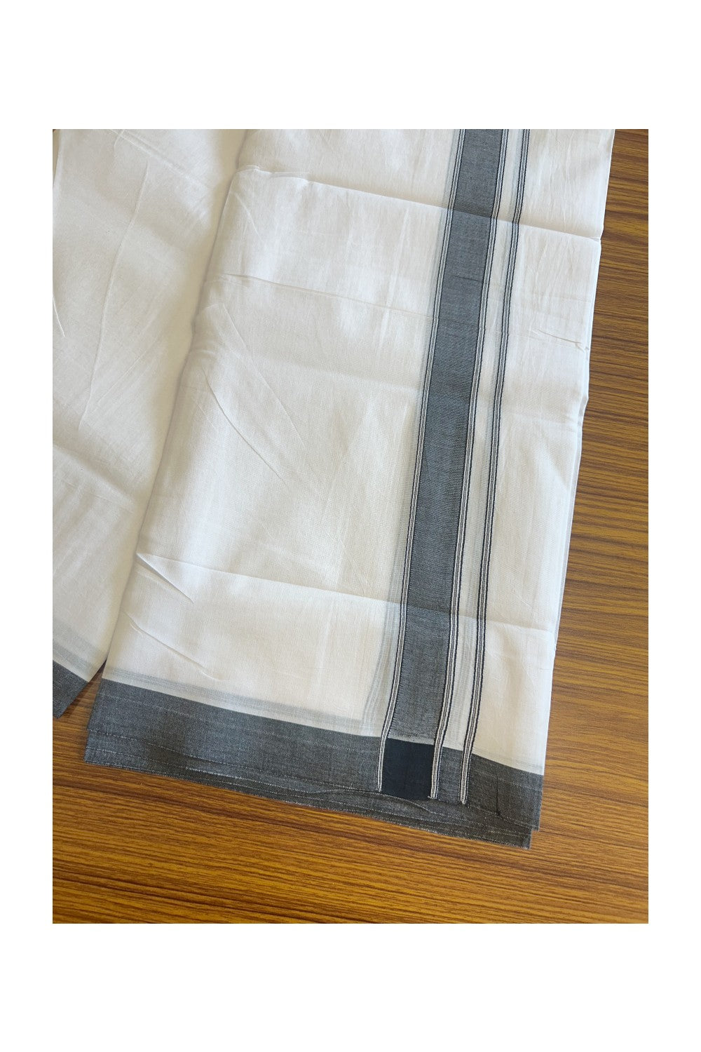 22% Discount ! KaithariKada Balaramapuram 100% Cotton Double PURE WHITE - Mundu/Dhoti- 100x100 - 1.75 inch ASH BLACK Side Stripes Kara.- 1KK5127ASH