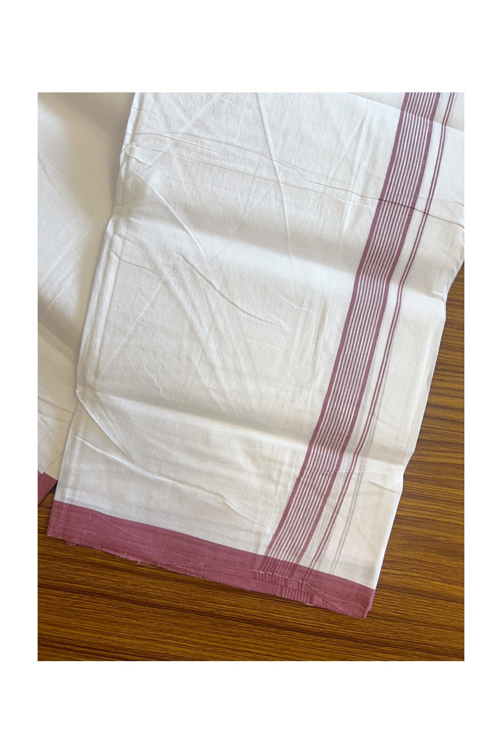 30% Discount!!! KaithariKada HANDLOOM UNAKKUPAAV Balaramapuram - 100% PURE Cotton PURE WHITE Double Mundu/Dhoti - 1 inch Dark Peach Striped Kara - 1KK5129YAR