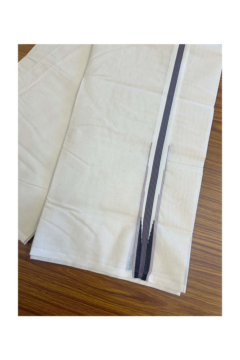 SHORT DHOTI SPECIAL! Kaitharikada.com - 19% Discount! Balaramapuram Double Off white - (Unbleached) Mundu/Dhoti - 100X100 - 1.25 inch Kara & 45 inches Height  Puliyilakkara Lavender & Black Striped Chutty Kara 4.12 meters - 1KK5130ASH