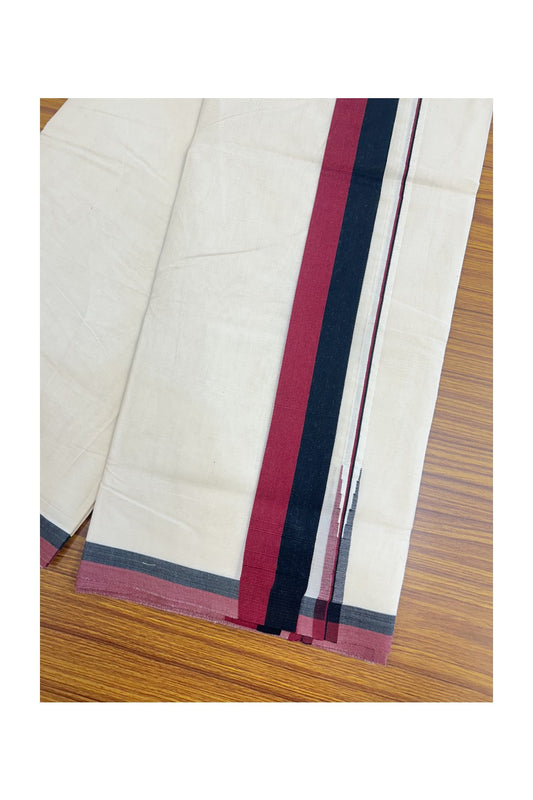 DMK Veshti - 24% DISCOUNT! KaithariKada 100% Cotton off white Double - (Unbleached) Mundu/Dhoti - 100X100 - 2 inch Puliyilakkara Black & Maroon Chutty kara - 1KK5138ASH