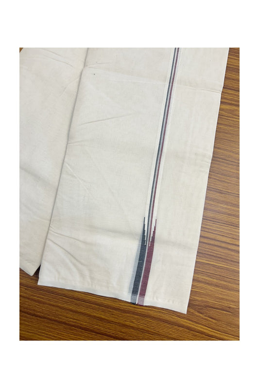 ADMK VESTHI 22% DISCOUNT ! KaithariKada Balaramapuram 100% COTTON DOUBLE OFF WHITE (Unbleached) Mundu/Dhoti-100X100- 0.75 Inch  Puliyilakkara Maroon & Black Chutty Kara - 1KK5140ASH