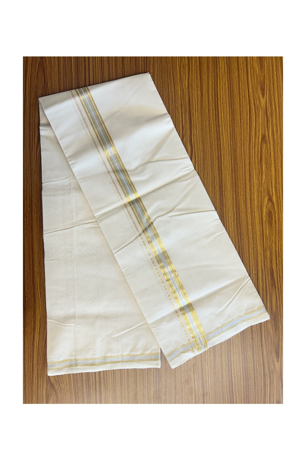 25% DISCOUNT ! KaithariKada HANDLOOM Millpaav Balaramapuram - 100% PURE Cotton Off White - (Unbleached) Double Mundu/Dhoti - 1.25 inch Gold Kasavu & Silver Kasavu Kara - 1KK5149RAM
