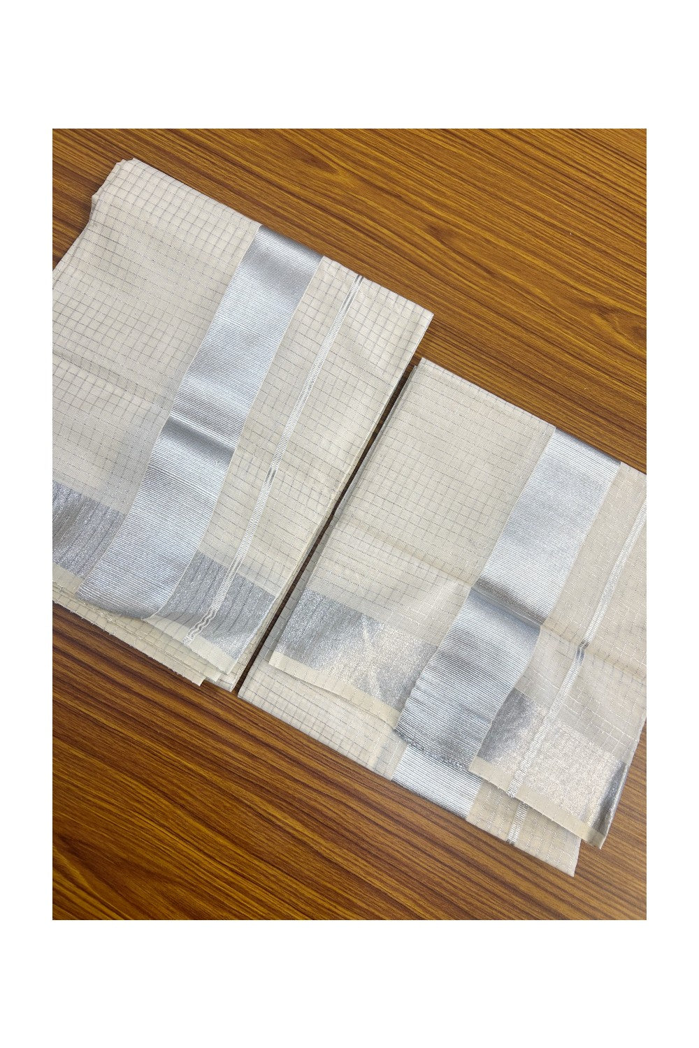 25% Discount!! KaithariKada - Kerala Pure Cotton OFF WHITE Single Set Mundu - EXTRA LENGTH - Check Silver Kasavu Big Kara - 1KK5152PMC