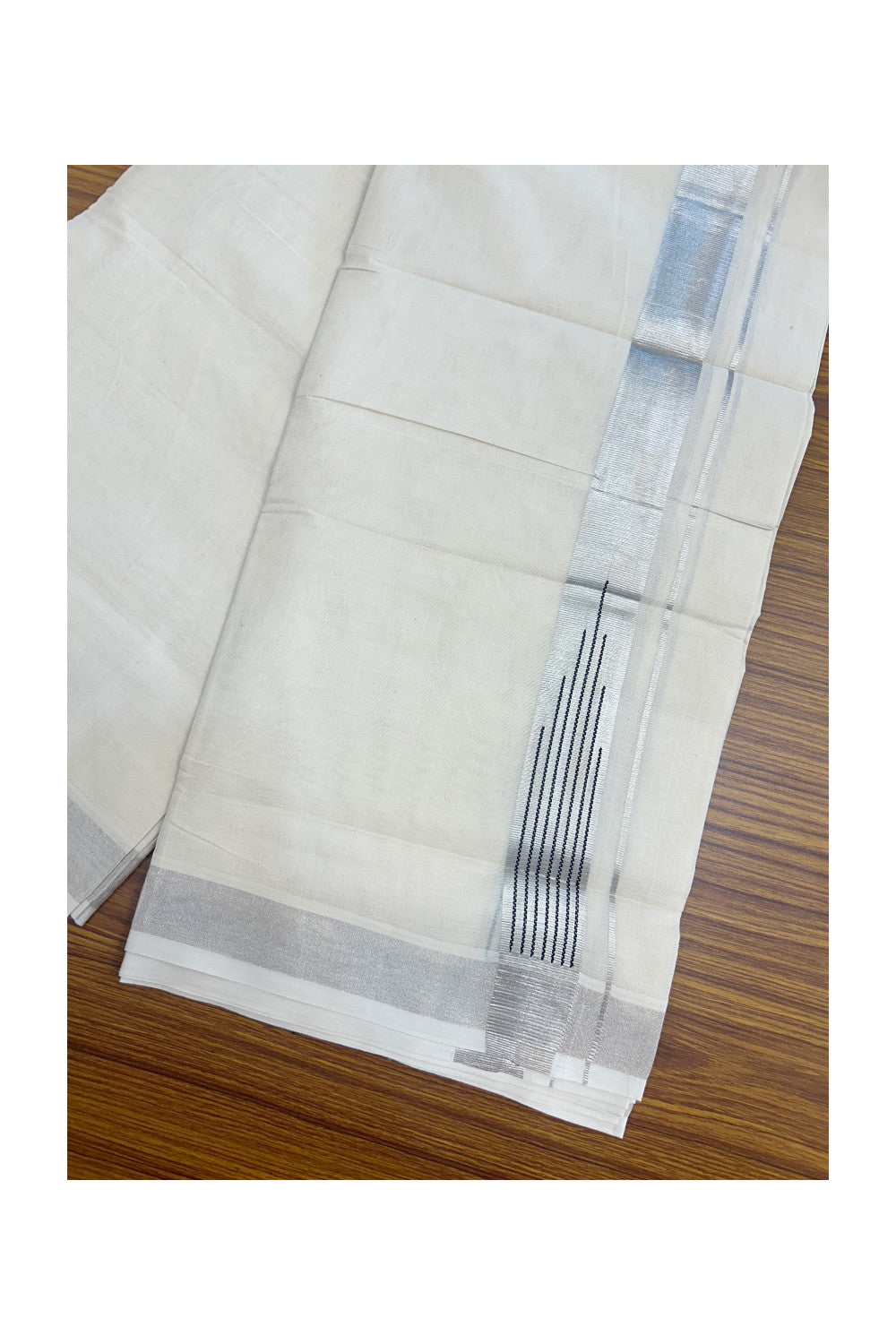 37% DISCOUNT! KaithariKada Balaramapuram 100% Cotton Double Off white (Unbleached) Mundu/Dhoti - 100x80 - 1.5 inch Silver Kasavu Black striped temple chutty kara - 130 KK5258 THI
