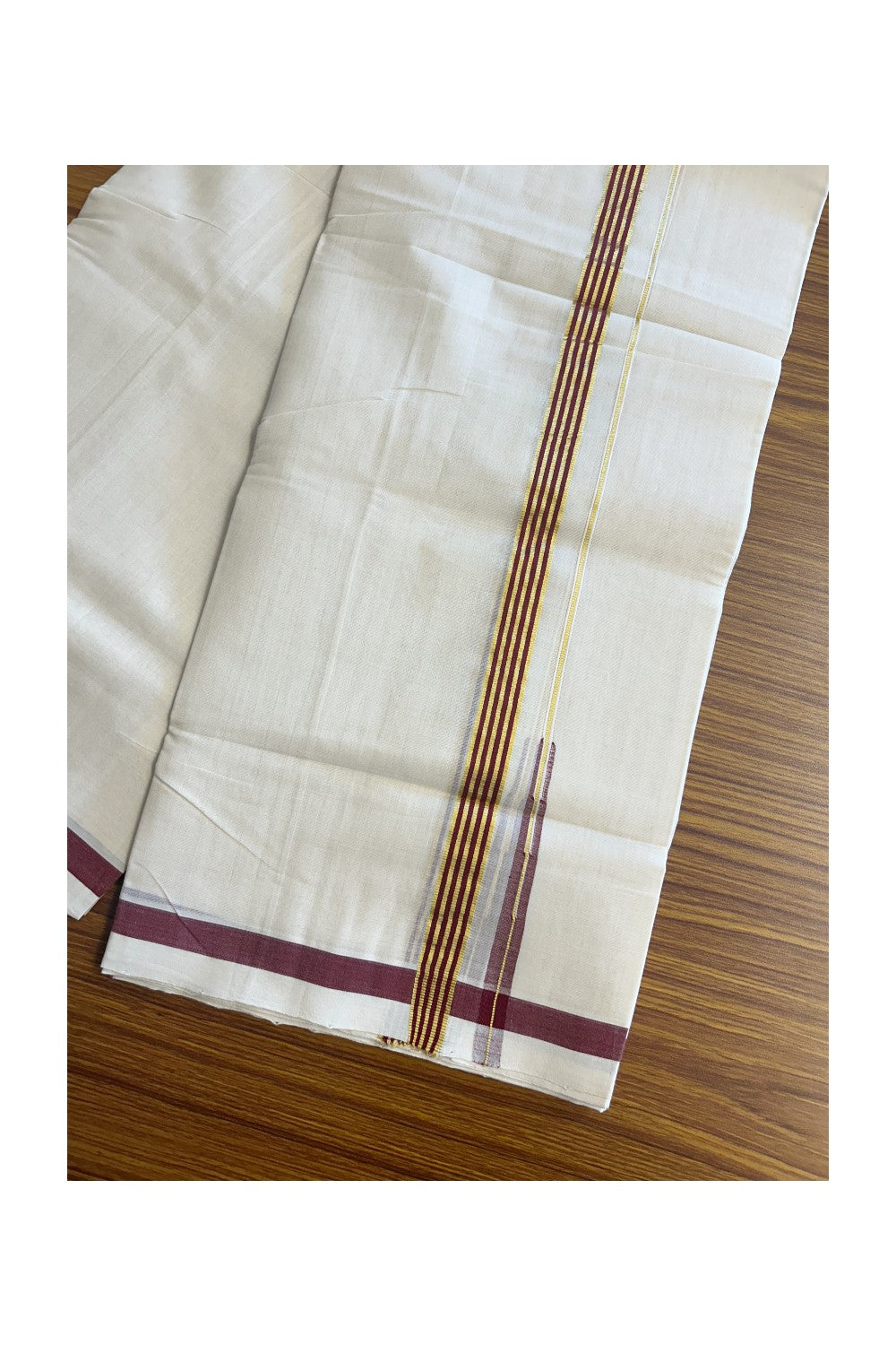 30% DISCOUNT!! KaithariKada HANDLOOM Millpaav Balaramapuram - 100% PURE Cotton OFF White Double- (Unbleached) Mundu/Dothi - 0.75 inch Puliyilakkara side stripes MAROON & Gold kasav chutty Kara - 1KK5156YAR