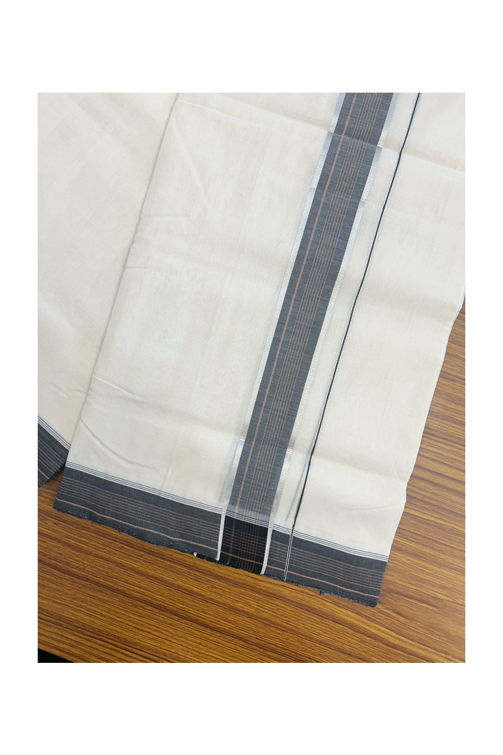 30% DISCOUNT!! KaithariKada HANDLOOM UNAKKUPAAV Balaramapuram - 100% PURE Cotton OFF White Double - (Unbleached)- Mundu/Dothi - 1.75 inch Silver Kasavu Black & Brown Striped Kara 4.5 Meters (10 Muzham) - 1KK5160REA