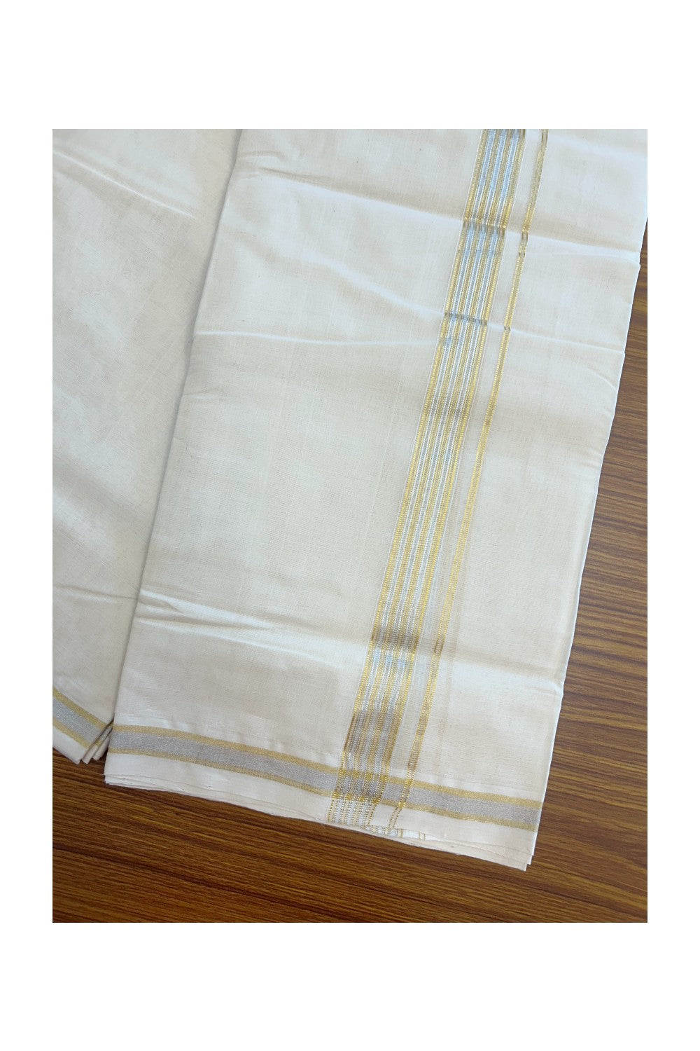 27% DISCOUNT ! KaithariKada HANDLOOM Millpaav Balaramapuram - 100% PURE Cotton Off White - (Unbleached) Double Mundu/Dhoti - 1 inch Gold Kasavu & Silver Striped Kara - 3KK5162RAM