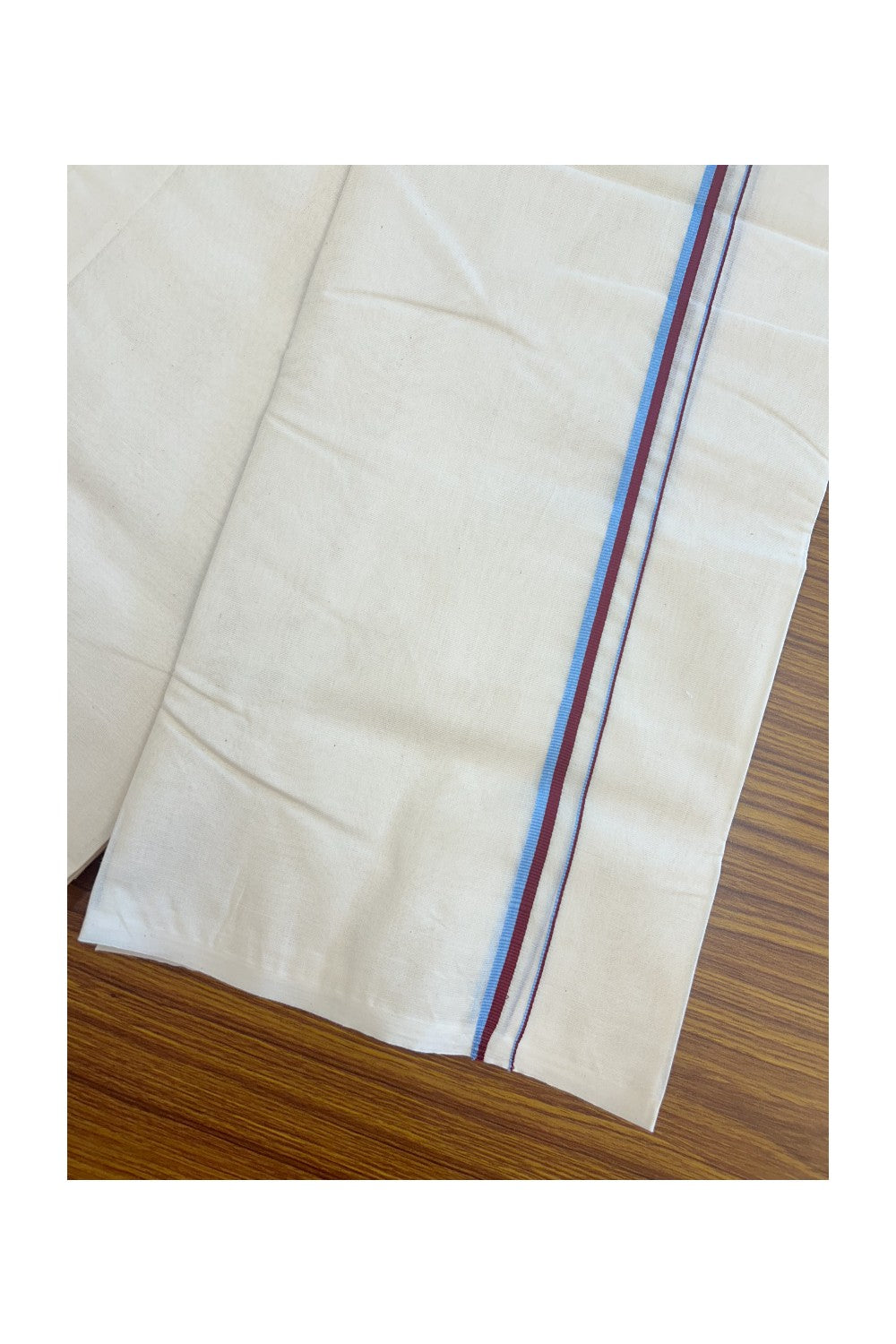 VCK VESHTI - 20% DISCOUNT! KaithariKada 100% Cotton off white Double - (Unbleached) Mundu/Dhoti - 100X80 - 1 cm Blue & Maroon Kara - 3.80 mtr - 1KK5163ASH