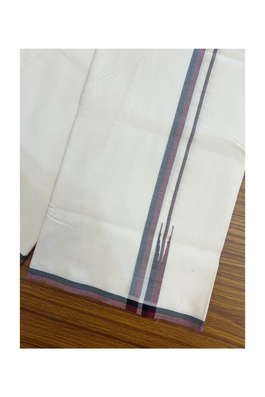 DMK Veshti - 29% DISCOUNT ! KaithariKada Balaramapuram 100% COTTON SINGLE OFF WHITE (Unbleached) Mundu/Dhoti-100X100 - 1.5 cm Puliyilakkara Maroon & Black Shaded Chutty Kara (2 meter / 4 muzham) -  1KK5165ASH