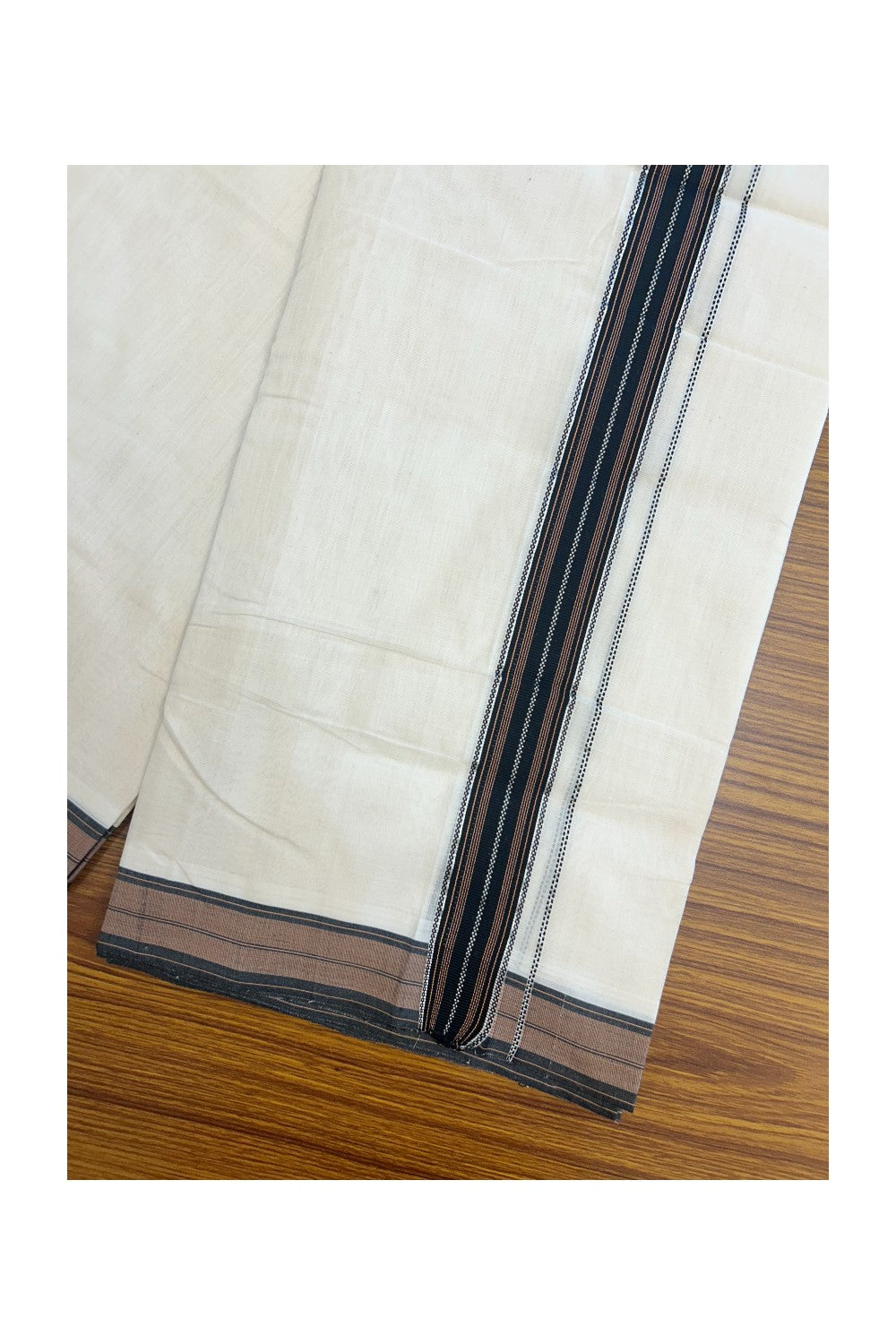 25% DISCOUNT!! KaithariKada HANDLOOM Unakkupaavu Balaramapuram - 100% PURE Cotton Off White (Unbleached) Double Mundu/Dhoti - 1.75 inch Black & Brown Silver Stripes - 1KK5169REA