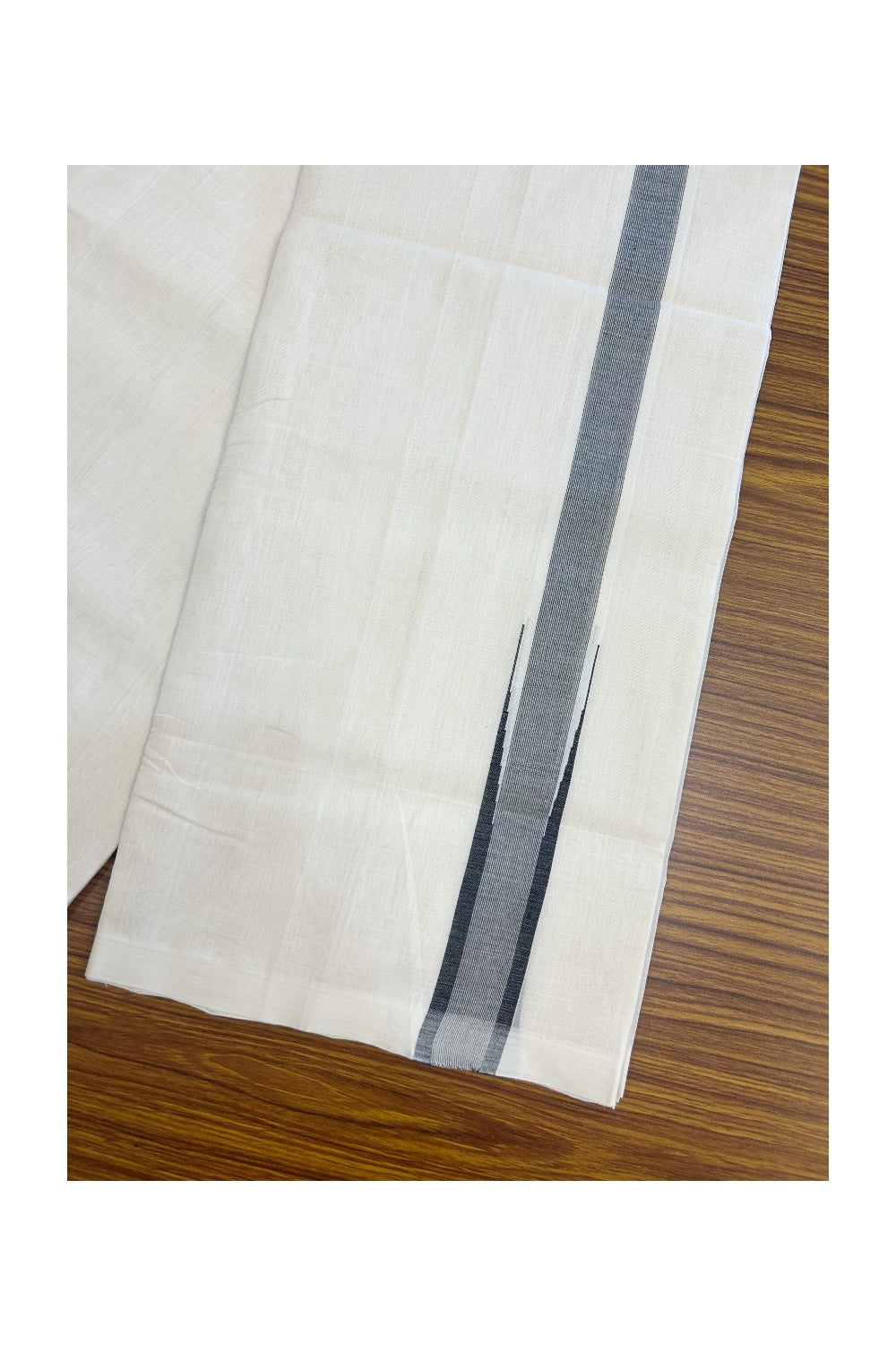 25% DISCOUNT! KaithariKada BALARAMAPURAM HANDLOOM MILLPAAV - 100% PURE Cotton Off white (Unbleached) Double Mundu/Dhoti - 1.25 inch BLACK  & Silver Kasav Chutty Kara - 8KK5170RAM
