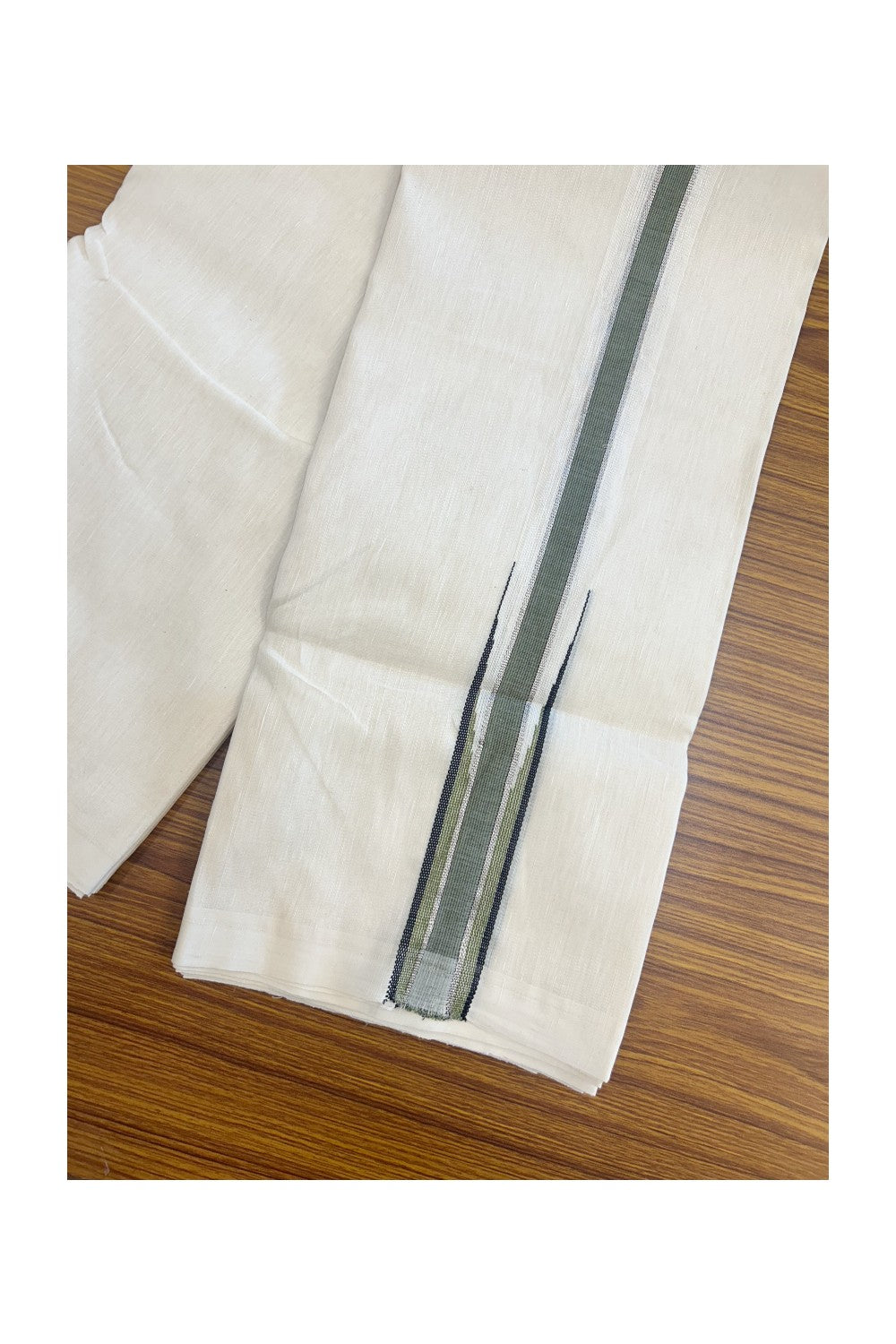 HANDLOOM Linen Dhoti NEW! 16% Discount from Kaitharikada.com - BALARAMAPURAM Handloom UNAKKUPAAV - OFF WHITE - Double Mundu/Dhoti 80x90 Thread - Pure Cotton + Linen - 1.5 Inch Silver Kasavu Army Green & Black striped chutty - 12KK5177RAM