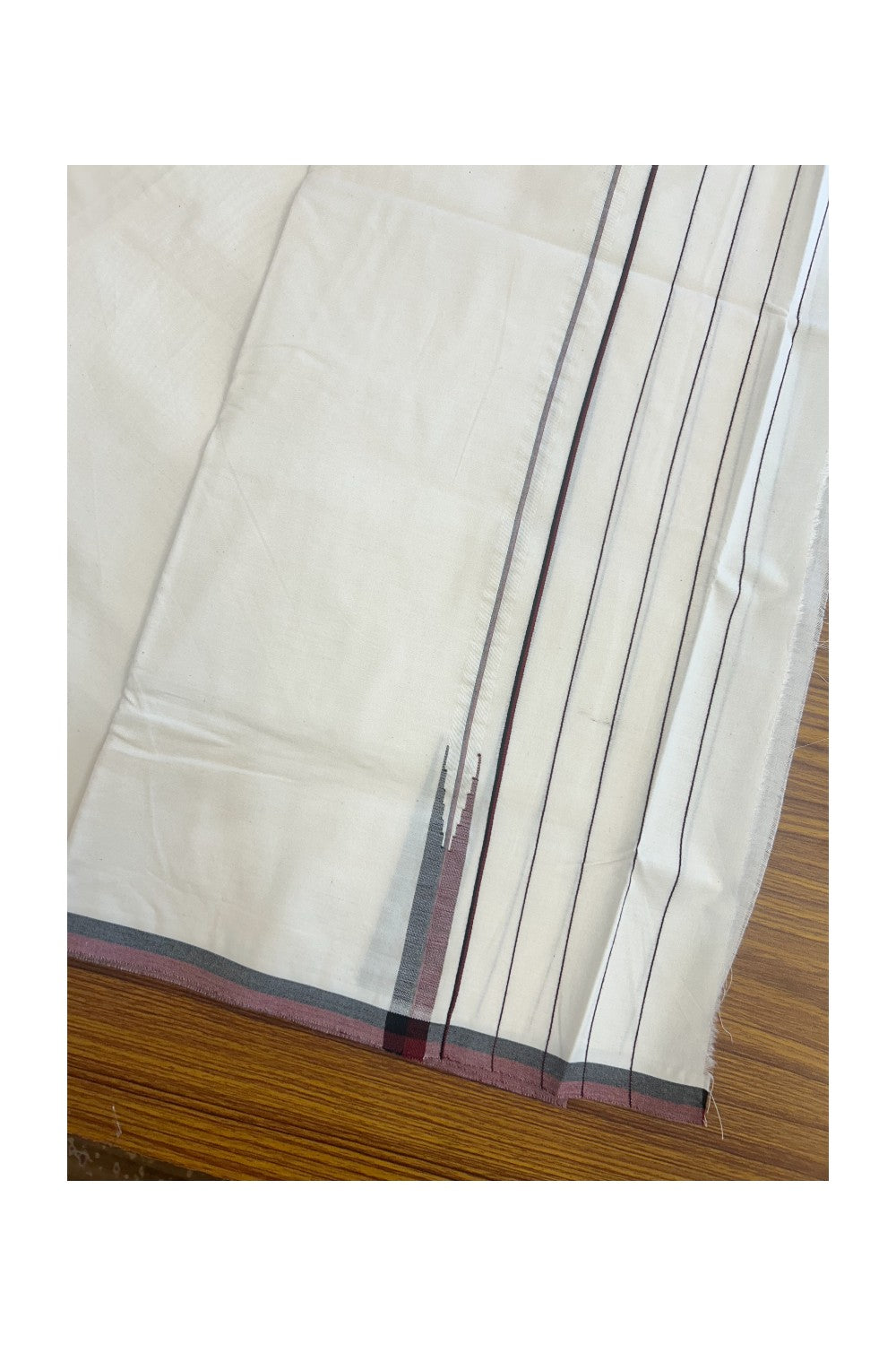 DMK Veshti - KaithariKada Balaramapuram 100% COTTON SINGLE OFF WHITE- (Unbleached) Mundu/Dhoti-100X100 - 5.5 inch Puliyilakkara Striped Maroon & Black Chutty (2 meter / 4 muzham) - 1KK5178ASH