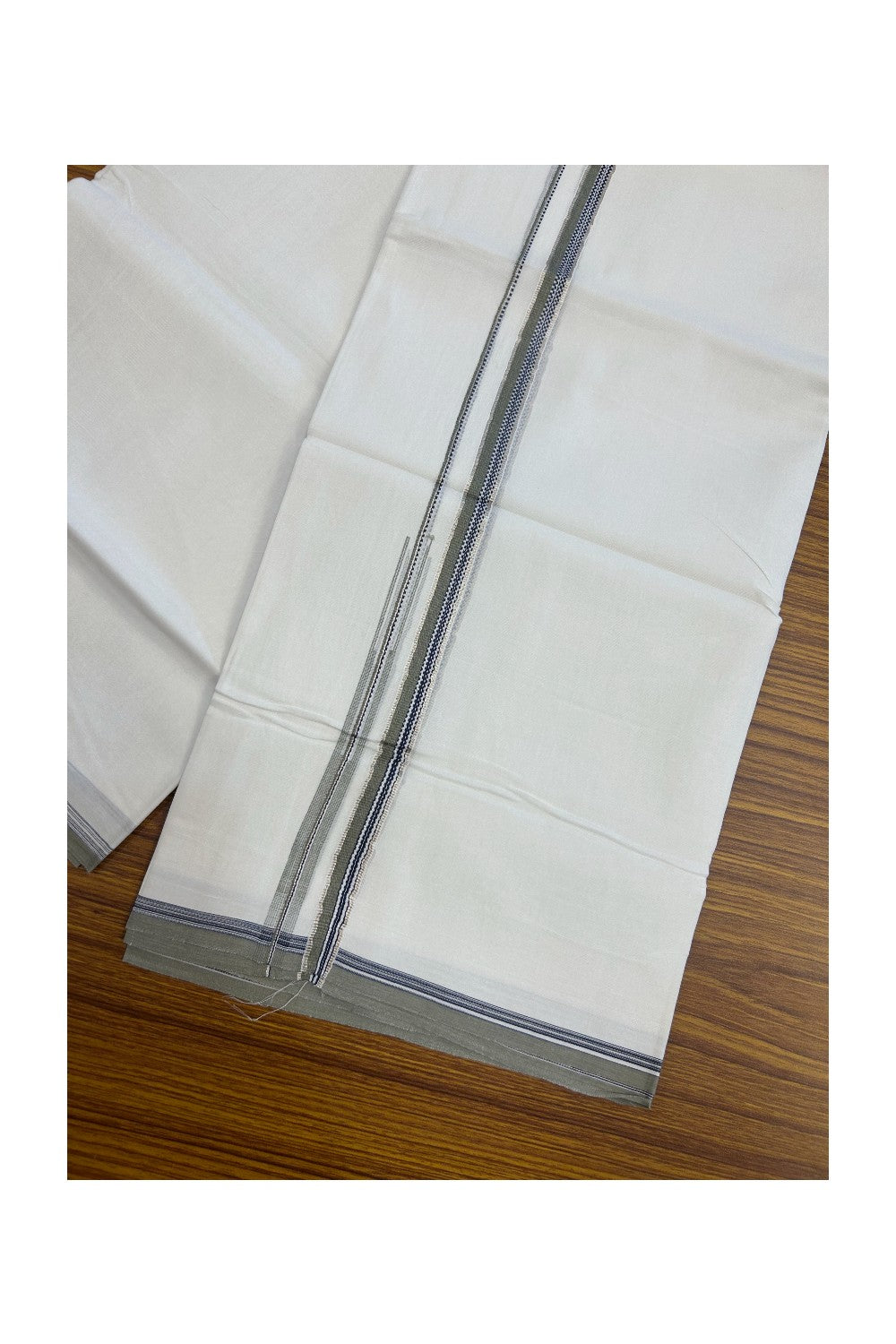 20% Discount !! Kaitharikada Balaramapuram 100% Cotton PURE WHITE DOUBLE Mundu/Dothi- 100X80 Thread- 0.5 inch - Silver Kasavu Black & Olive Green Design Chutty Kara - 1KK5184RAMS