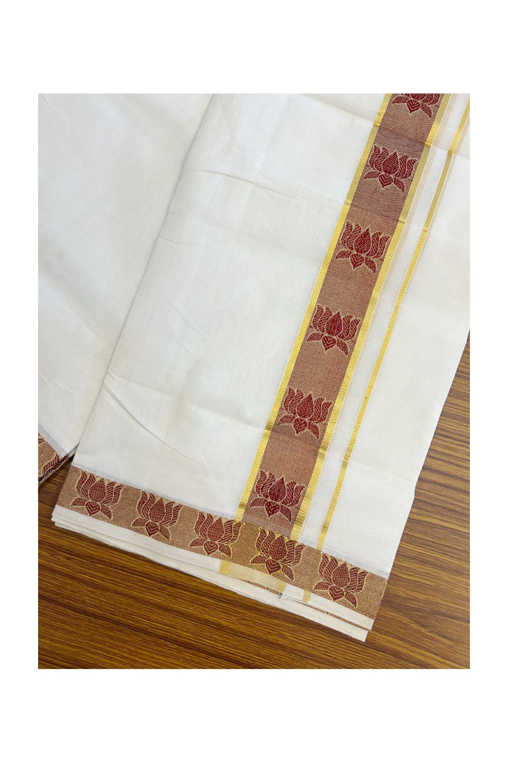 25% DISCOUNT ! KaithariKada HANDLOOM Unakkupaav Balaramapuram - 100% PURE Cotton Pure White Double Mundu/Dhoti - 2 inch Gold Kasavu & Maroon Lotus Jacquard Design Kara - 1KK5190ABH