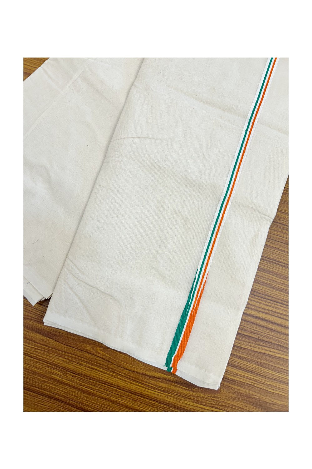 CONGRESS VESHTI - 20% DISCOUNT! KaithariKada 100% Cotton OFF WHITE Double - (Unbleached) Mundu/Dhoti - 100X100 - 0.5 inch Puliyilakkara Orange White & Green Chutty Kara - 1KK5203ASH