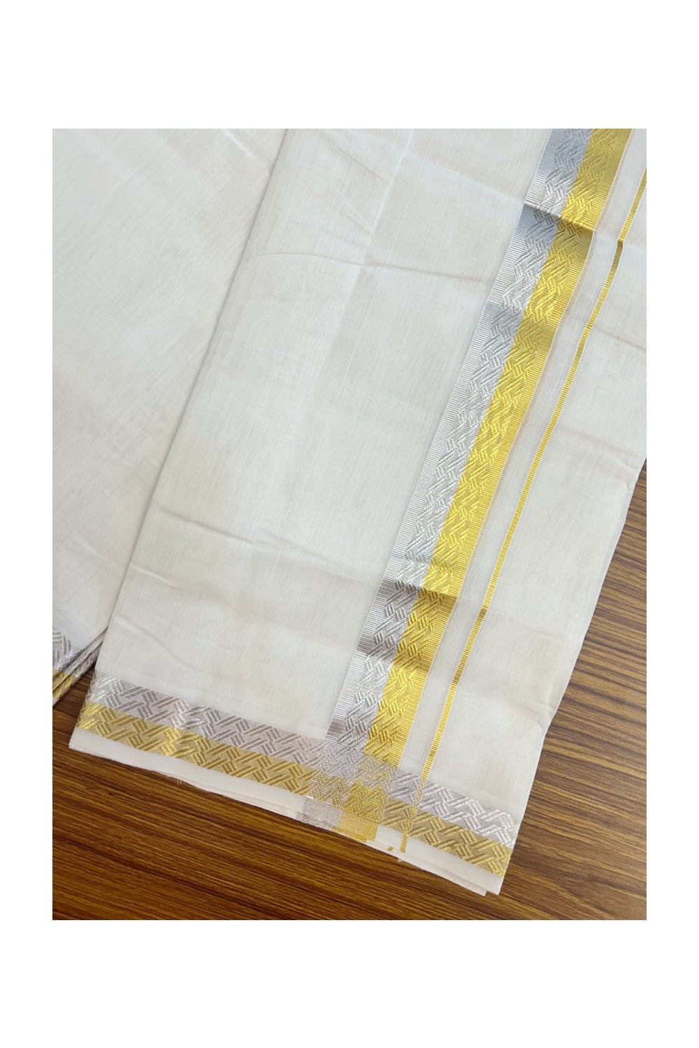 25% DISCOUNT ! KaithariKada HANDLOOM UNAKKUPAAV Balaramapuram - 100% PURE Cotton Off White - (Unbleached) Double Mundu/Dhoti - 1.75 inch Gold Kasavu & Silver Kasavu Jacquard Design Kara - 1KK5208ABH