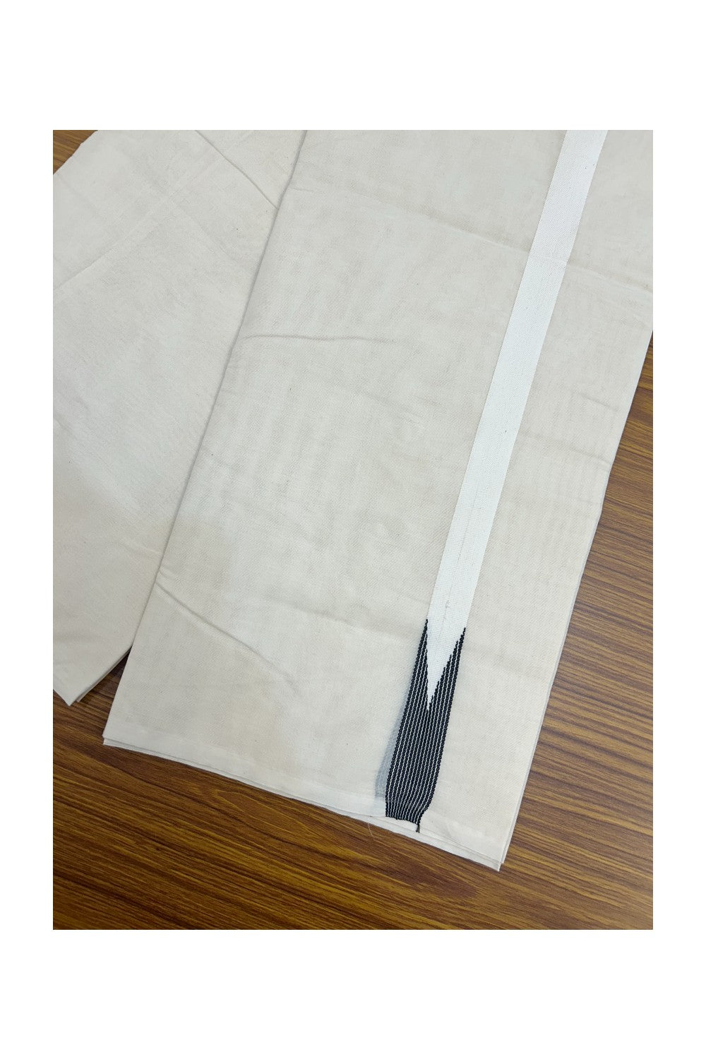 28% DISCOUNT ! KaithariKada Balaramapuram 100% COTTON Double OFF WHITE (Unbleached) Mundu/Dhoti- 100x100 - 1 inch Puliyilakkara Black Striped Chutty Kara - 1KK5211ASH