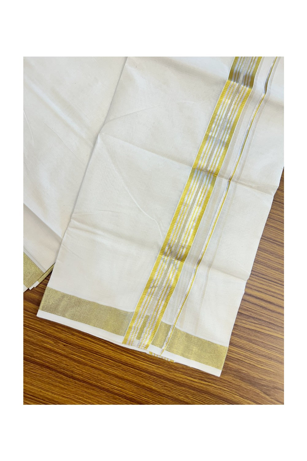 20% DISCOUNT ! KaithariKada  Balaramapuram - 100% PURE Cotton Off White - (Unbleached) Double Mundu/Dhoti - 100X80 -  1.25 inch Gold Kasavu & Silver Kasavu Striped Kara - 1KK5212 VIN