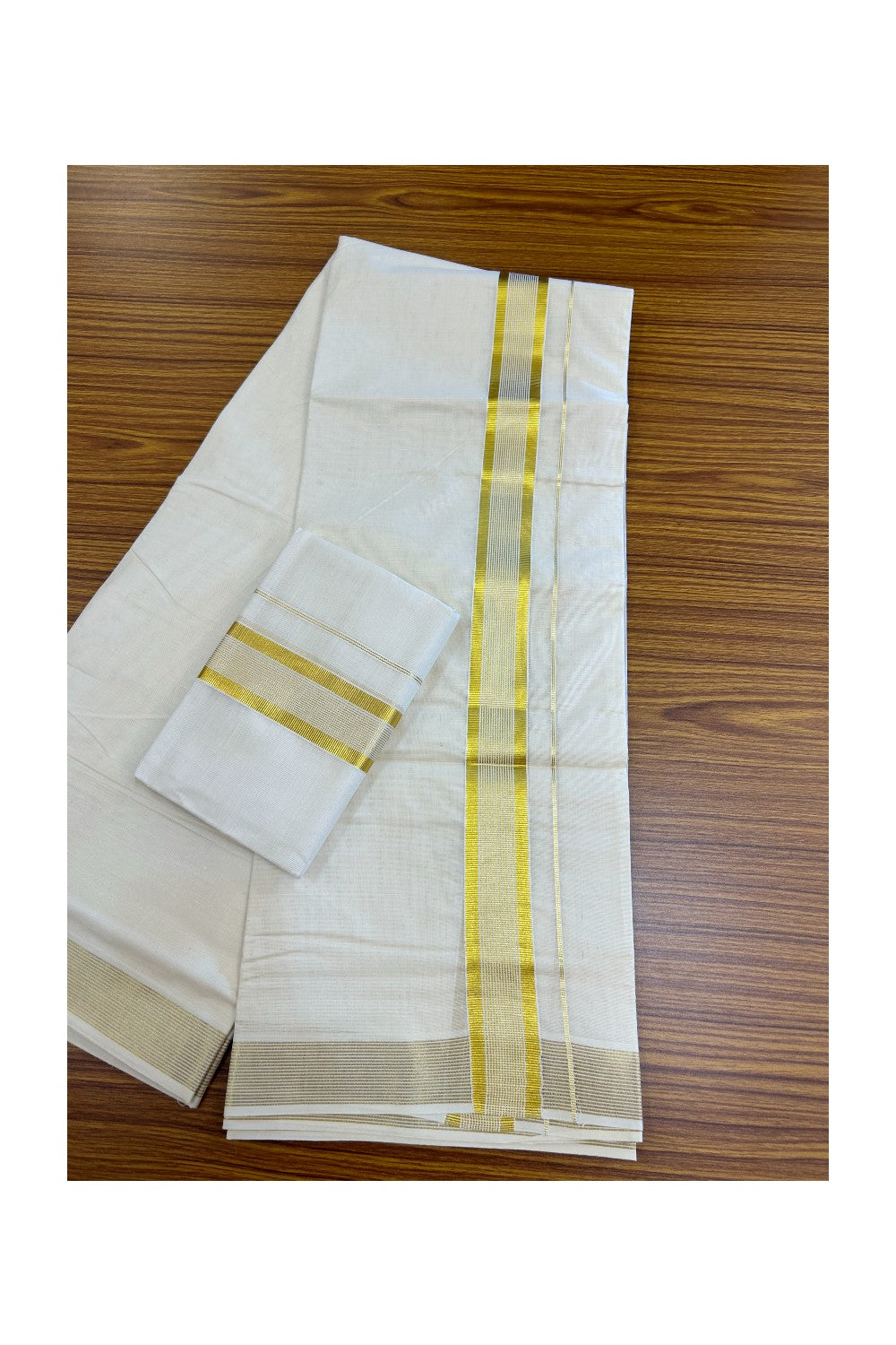 20% Discount!! KaithariKada Balaramapuram - 100% PURE Cotton Off White  (Unbleached) Mundu/Dhoti & Neriyath set - 1.5 Inch Kasavu Stripes Kara - 1KK5213 VIN