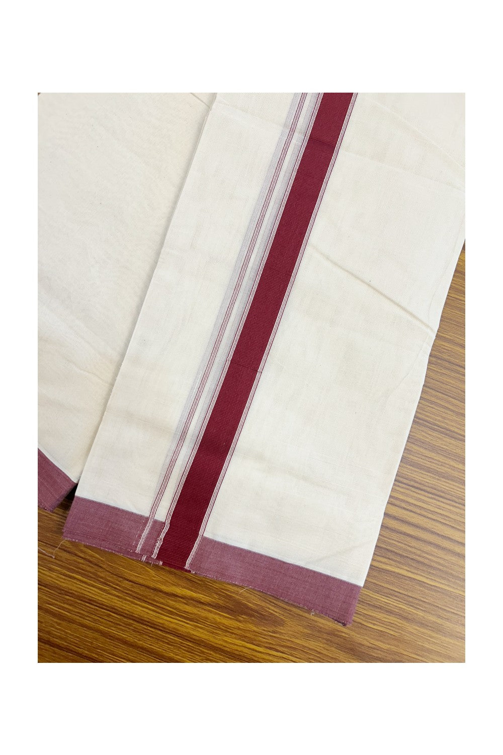 NEW !! 20% DISCOUNT!! KaithariKada Balaramapuram 100% Cotton Double Off white - (Unbleached) Mundu/Dhoti-100x80 - 1.25 inch Maroon Striped KARA - 3.75 mtr (8 Muzham) - 1KK5218 ASH