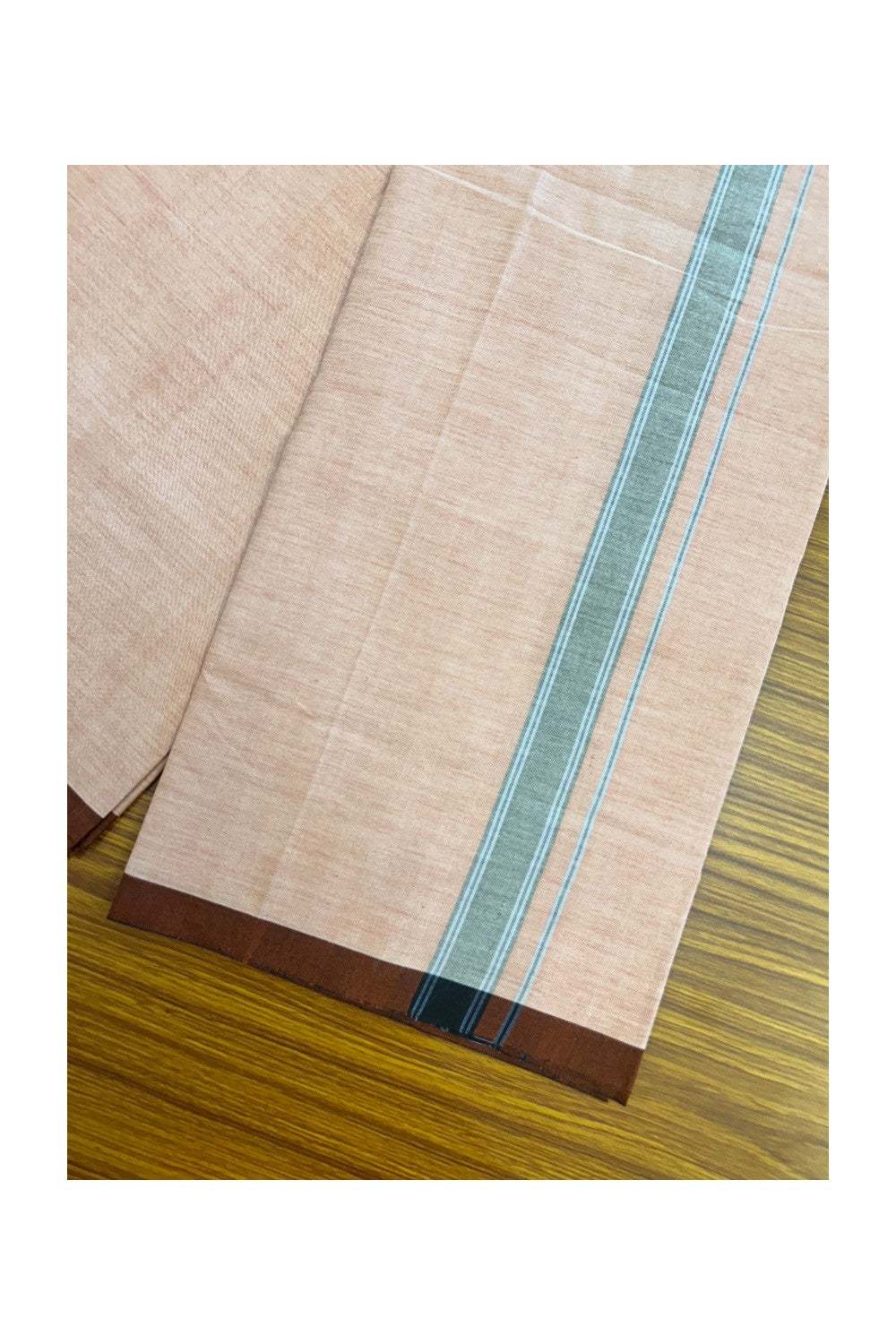 25% Discount ! KaithariKada 100% Cotton Balaramapuram HANDLOOM Single Mundu/Dhoti - Dark Peach Shaded COLOUR BODY & 1.25 inch Black Blue Striped Kara (2 meter / 4 muzham) - 1KK5225KAI