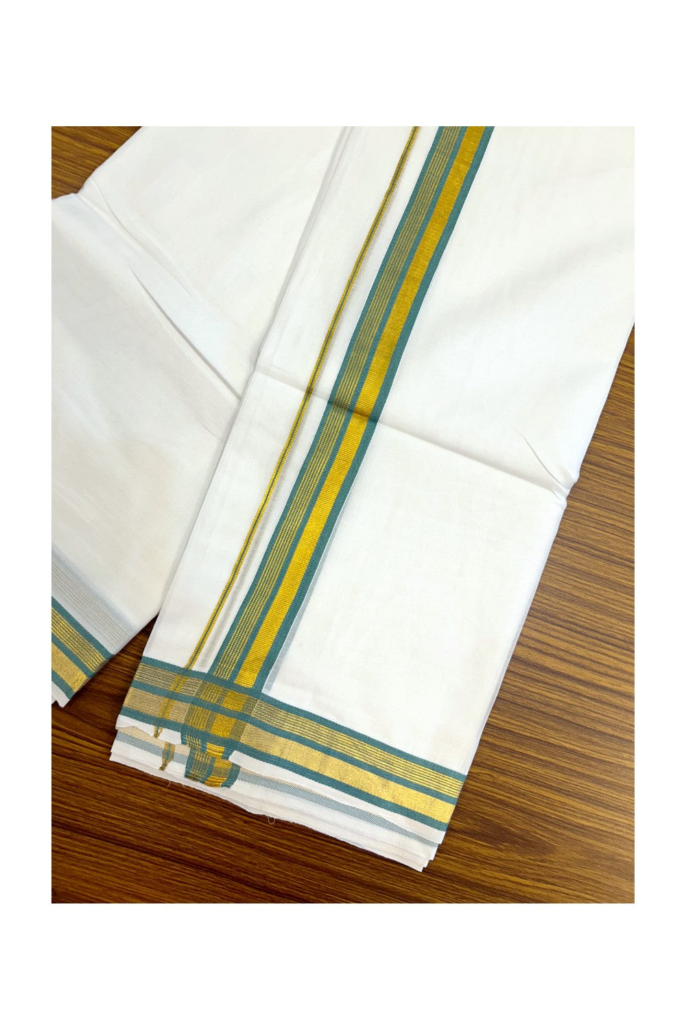16% DISCOUNT! KaithariKada Balaramapuram 100% MERCERISED Cotton Double ULTRA PURE WHITE Mundu/Dhoti - 100x100  1.25 inch Cadet Blue & Kasavu Stripes Kara - 1KK5221 GAN