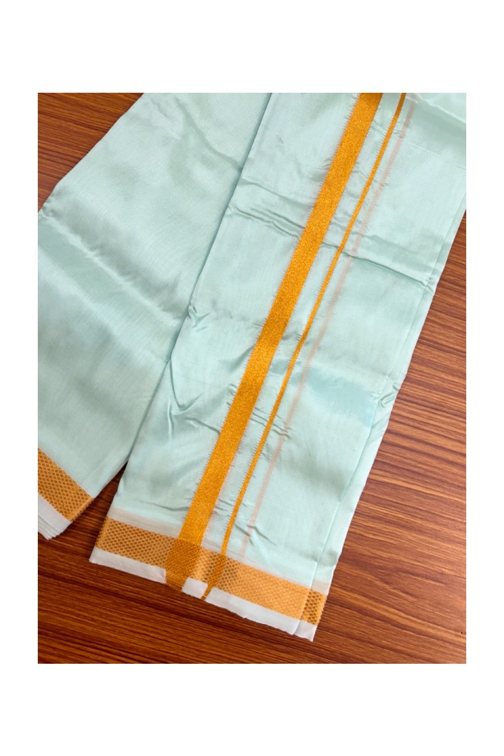 12% Discount!! KaithariKada Balaramapuram 100% Silk Double Mundu/Dhoti - Turquoise Green Colour Body - 0.75 inch Gold Kasavu Kara 3.60 mtr (8 muzham) - 1KK5222 GAN