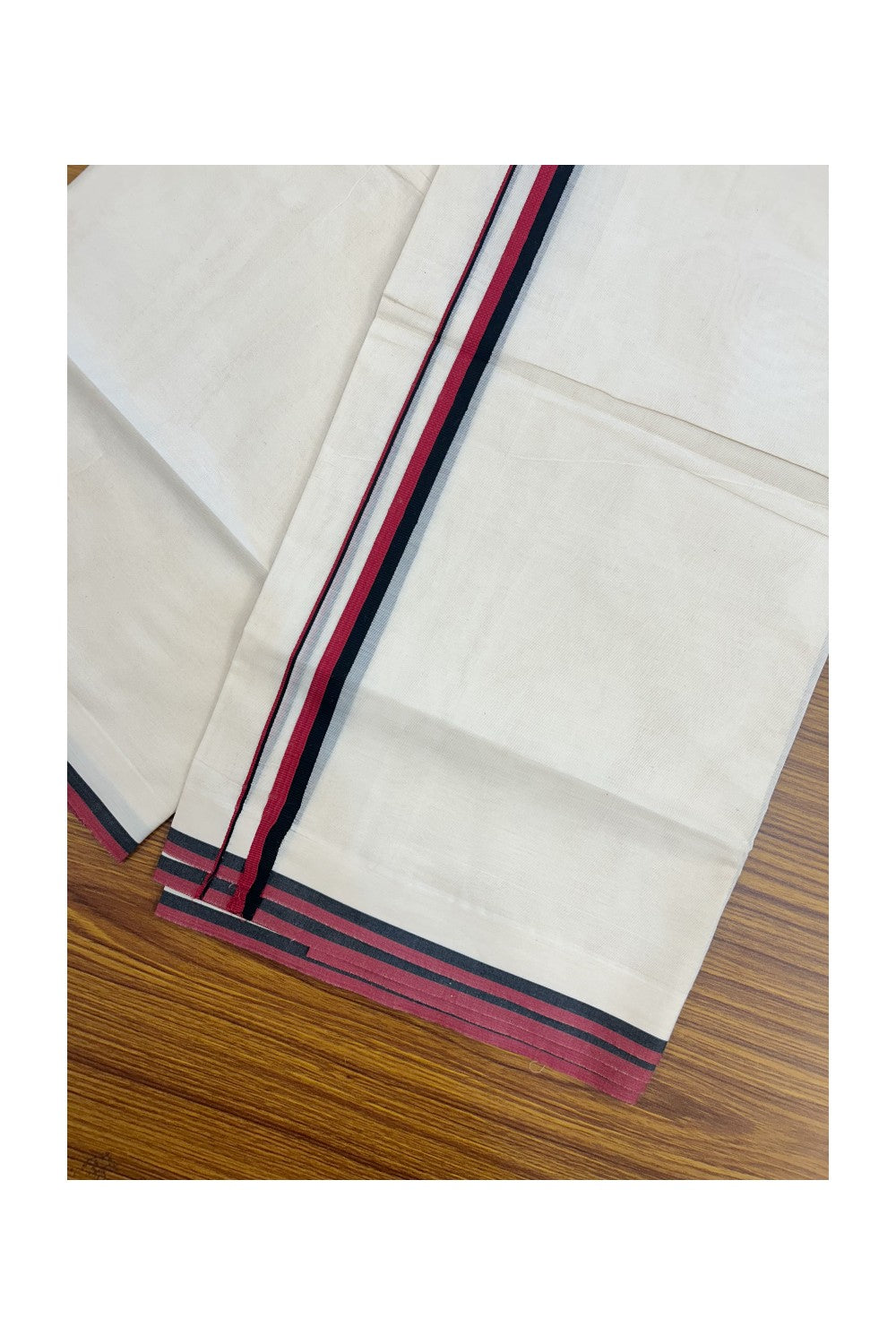 DMK Veshti - 30% DISCOUNT! KaithariKada 100% Cotton OFF WHITE Double - (Unbleached) Mundu/Dhoti - 100X80 - 0.5 inch Black & Maroon kara - 4 mtr (8.5 muzham)- 1KK5230 PMC