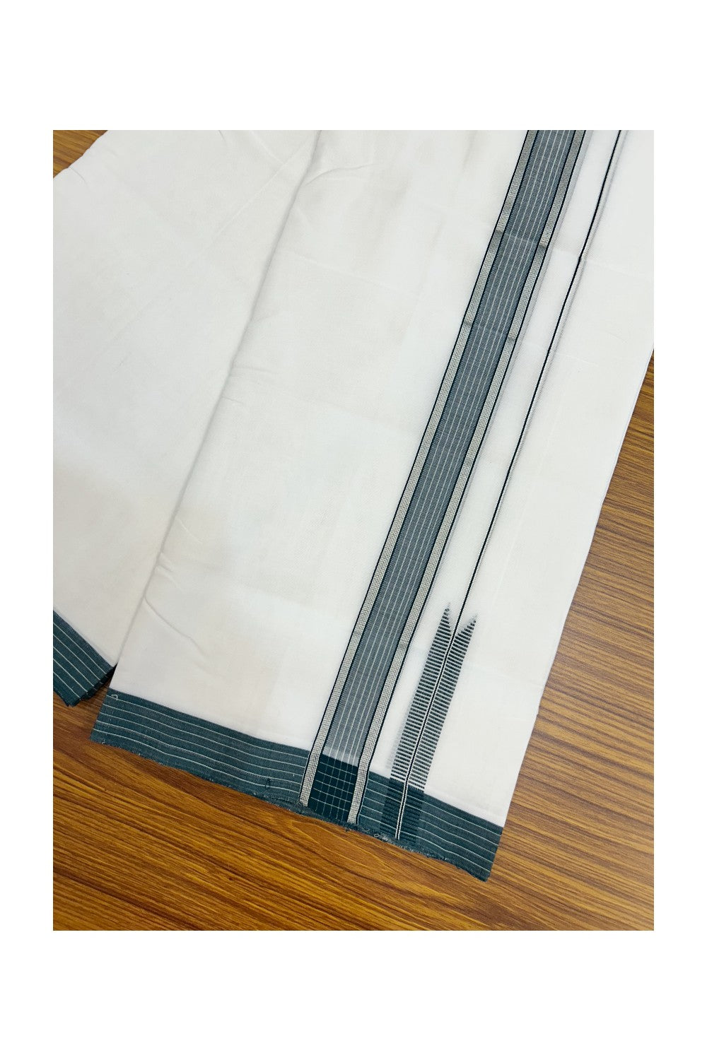 25% Discount!! NEW ULTRA PURE WHITE HANDLOOM Balaram apuram - 100% Mercerised Cotton Double Mundu/Dhoti - 120 twisted warp x 80s weft - 1.5 inch Puliyilakkara Silver Kasavu & Peacock Green Striped Chutty Kara - 1KK5232 REA