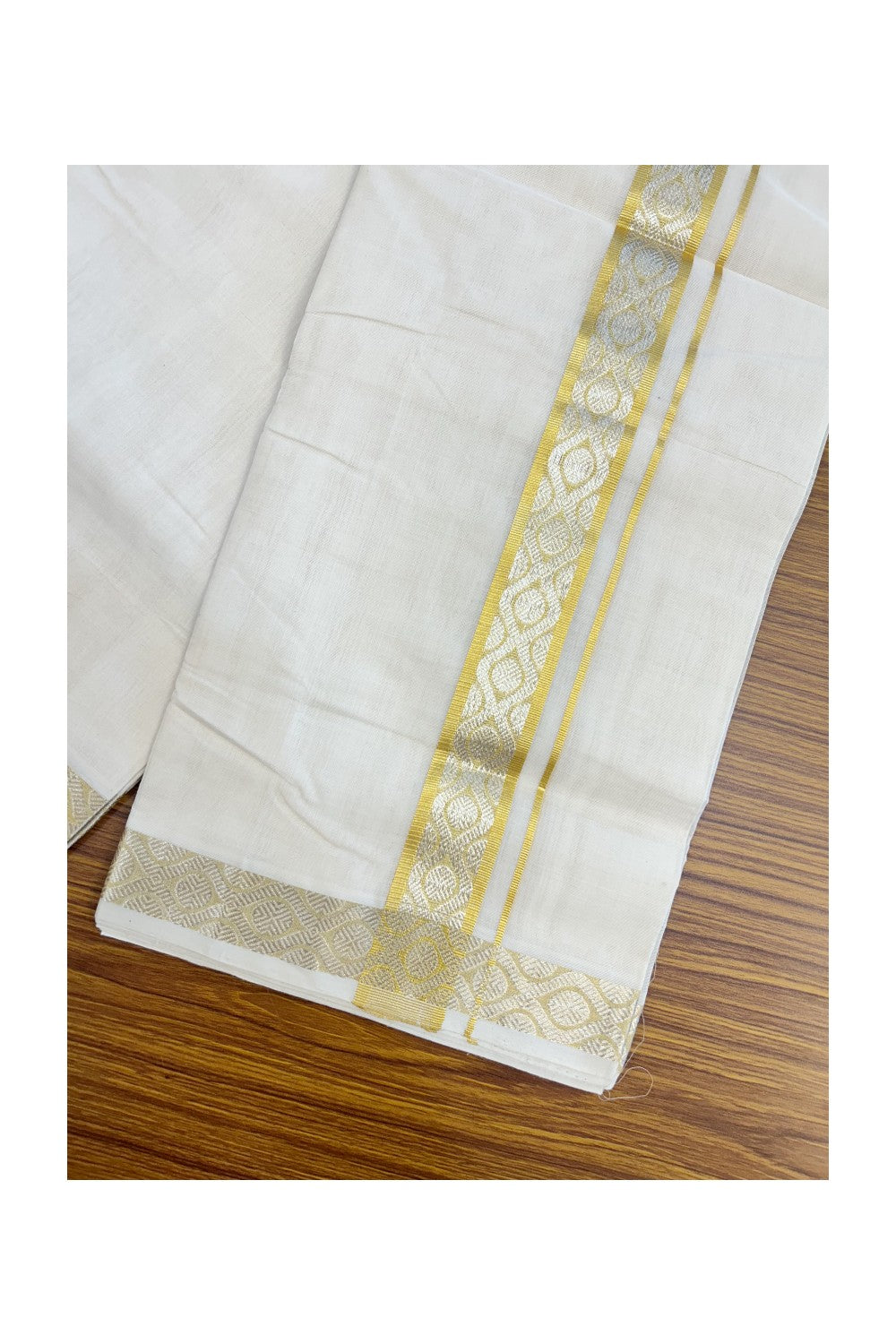 25% DISCOUNT ! KaithariKada HANDLOOM Unakkupaav Balaramapuram - 100% PURE Cotton Off White (Unbleached) Double Mundu/Dhoti - 80x90 - 1.5 inch Gold Kasavu & Silver Kasavu Jacquard Design Kara 4 mtr(8.5 Muzham) - 1KK5234 RAM
