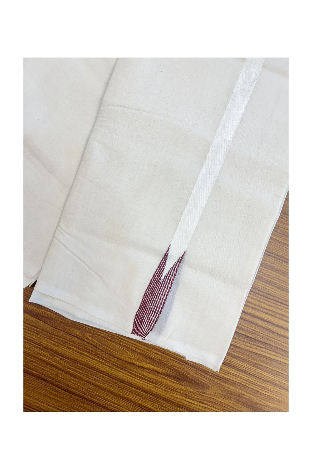 20% DISCOUNT ! KaithariKada Balaramapuram 100% COTTON Double OFF WHITE (Unbleached) Mundu/Dhoti- 100x100 - 0.75 inch Puliyilakkara Maroon Striped Chutty Kara - 4mtr (8.5 muzham)- 1KK5238 ASH