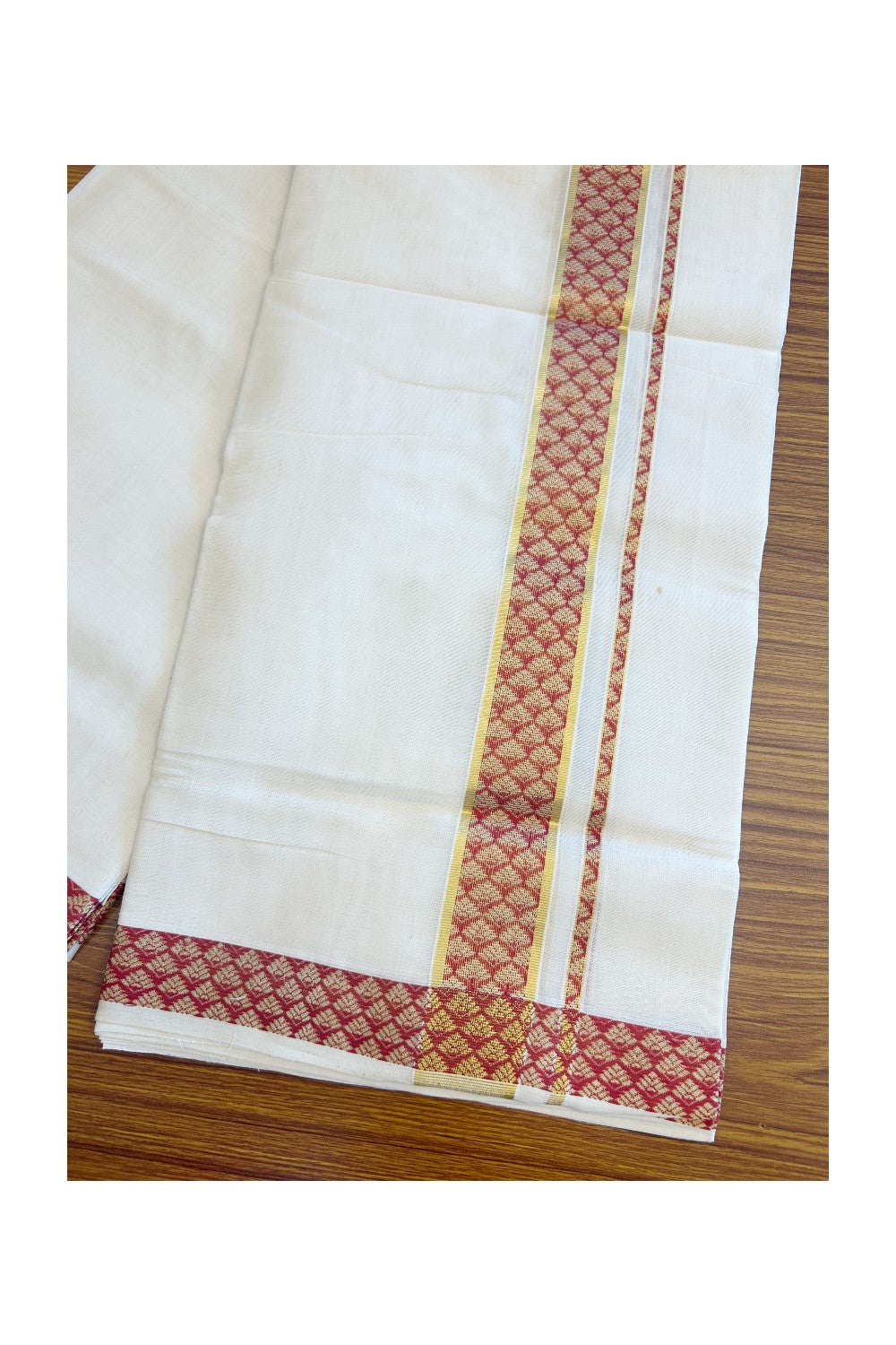 18 % DISCOUNT ! KaithariKada HANDLOOM Unakkupaav Balaramapuram - 100% PURE Cotton 4.44 Meter Off White (Unbleached) Double Mundu/Dhoti - Brick Red Flower & KASAVU DESIGN 2.5 Inch  KARA- ABH19