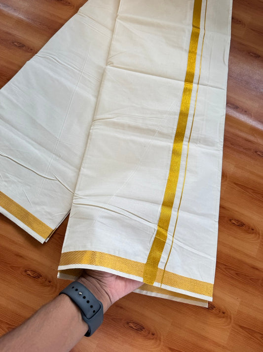 Single Off White Pure 100% Cotton - KaithariKada UnBleached Dhoti - 40s - 0.5inch Gold Kasav (2 meter / 4 muzham) - 1 KK5467 MC