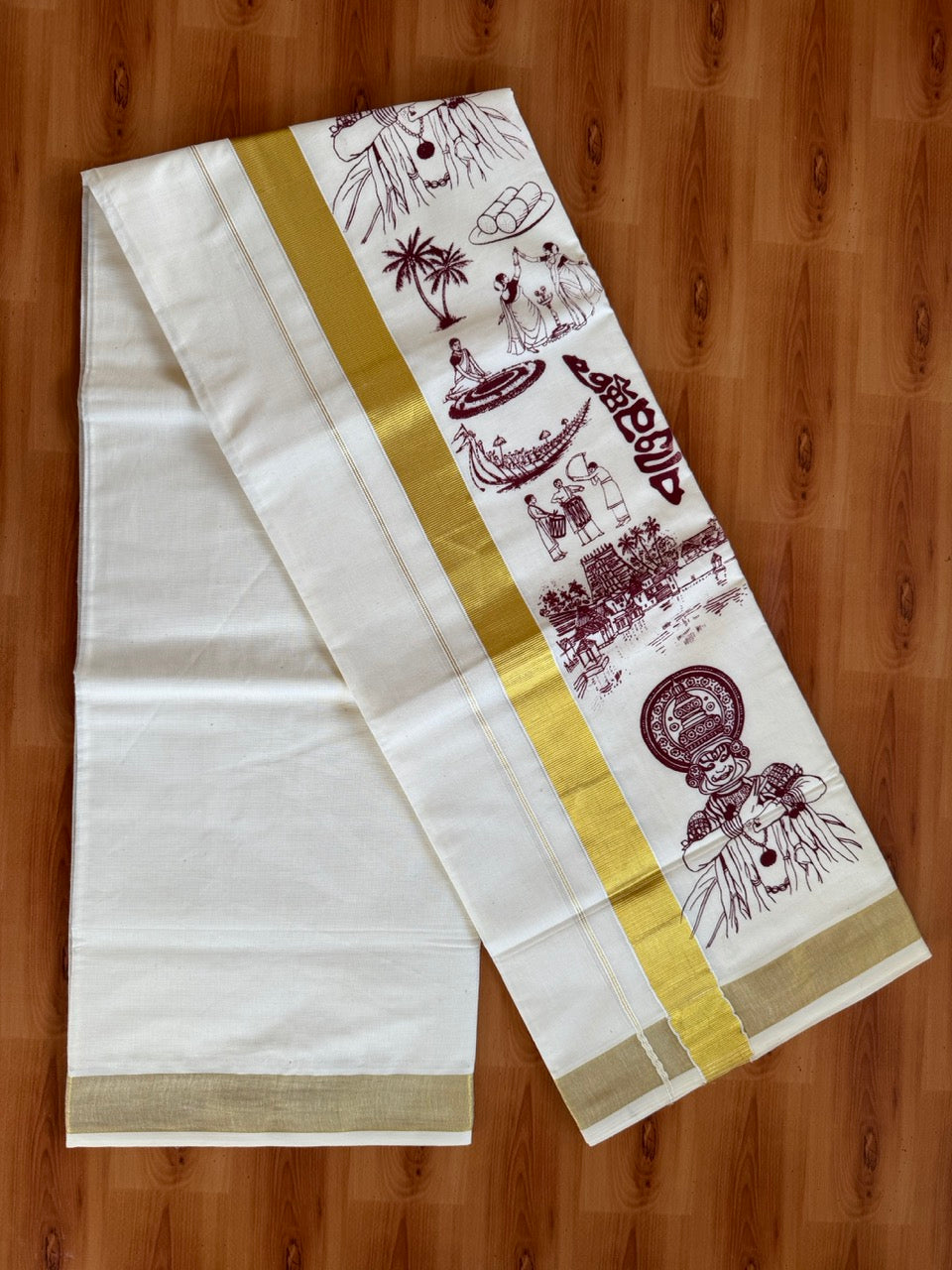 Double Off White - Onam Festival Print - (Unbleached) Mundu/Dhoti- 20% Discount!! KaithariKada Balaramapuram Mixed Cotton 60s - 1.5 inch Gold Kasav with Maroon Printed Design Kara - 1 KK5474 GAN