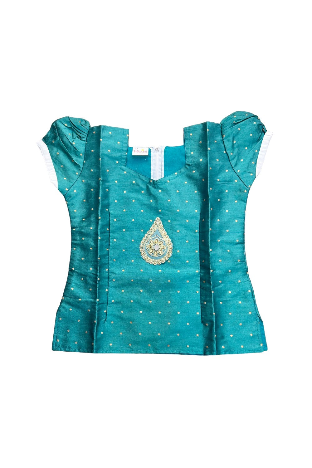 Midukki-Traditional South Indian Kids Pattu Pavada- Green top offwhite skirt with green border - Age 8 - KK8MID001