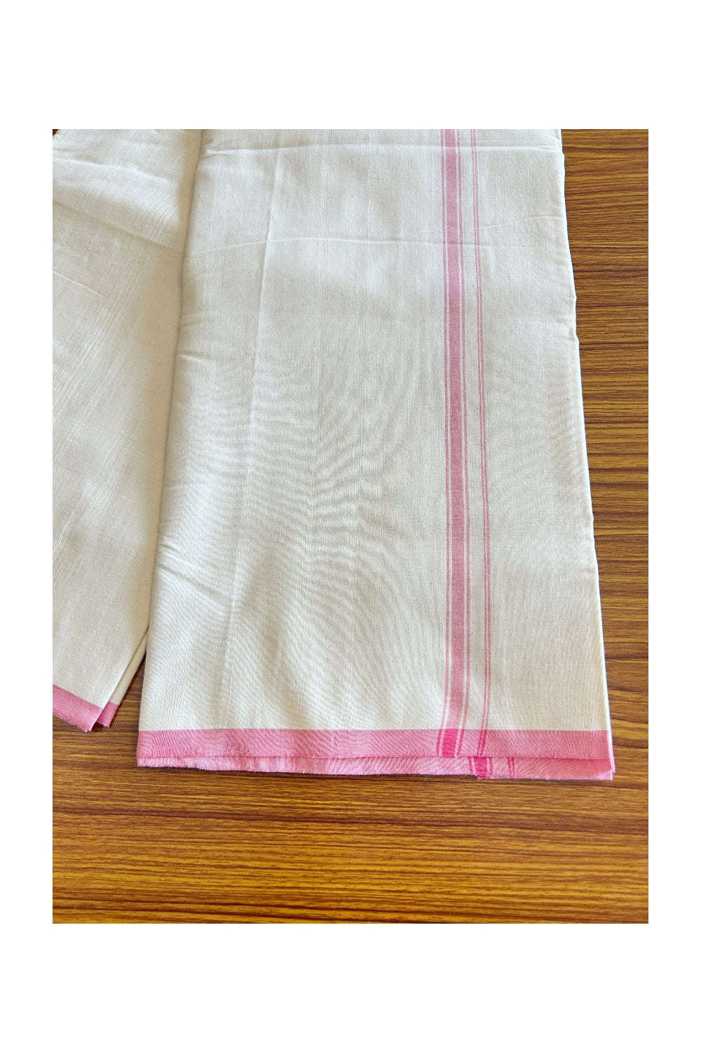 30% Discount!! SIGNATURE KAITHARIKADA EXCLUSIVE SINGLE DHOTI - 100% Cotton Balaramapuram HANDLOOM Single Mundu/Dhoti - Off White - (Unbleached) 0.75inch Pink Striped Kara (2 metre / 4 muzham) - 1KK5026KAI