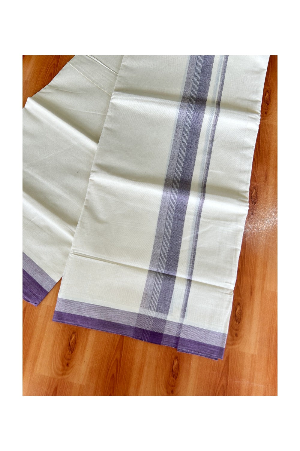 19% DISCOUNT ! KaithariKada Balaramapuram 100%  Cotton off white Double - (Unbleached) Mundu/Dhoti - 100X100  Purple shaded kara with  centre stripes - 13KK81VIN