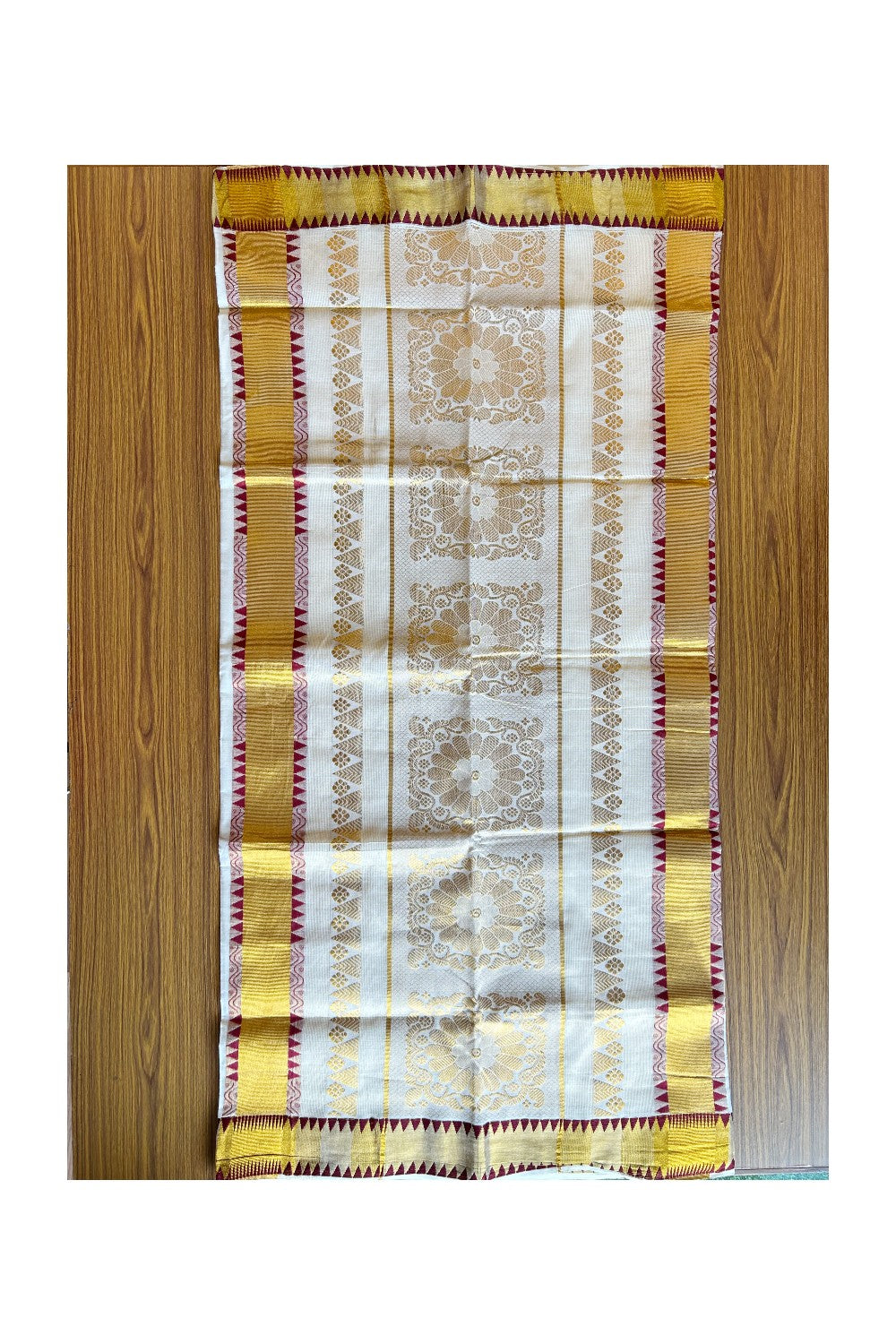 28% Discount!!! Kaitharikada Kerala Saree - Cotton Kasavu 24 Inch Pallu Maroon Temple Heavy Work Saree With Flower Design -1KK1001NEW