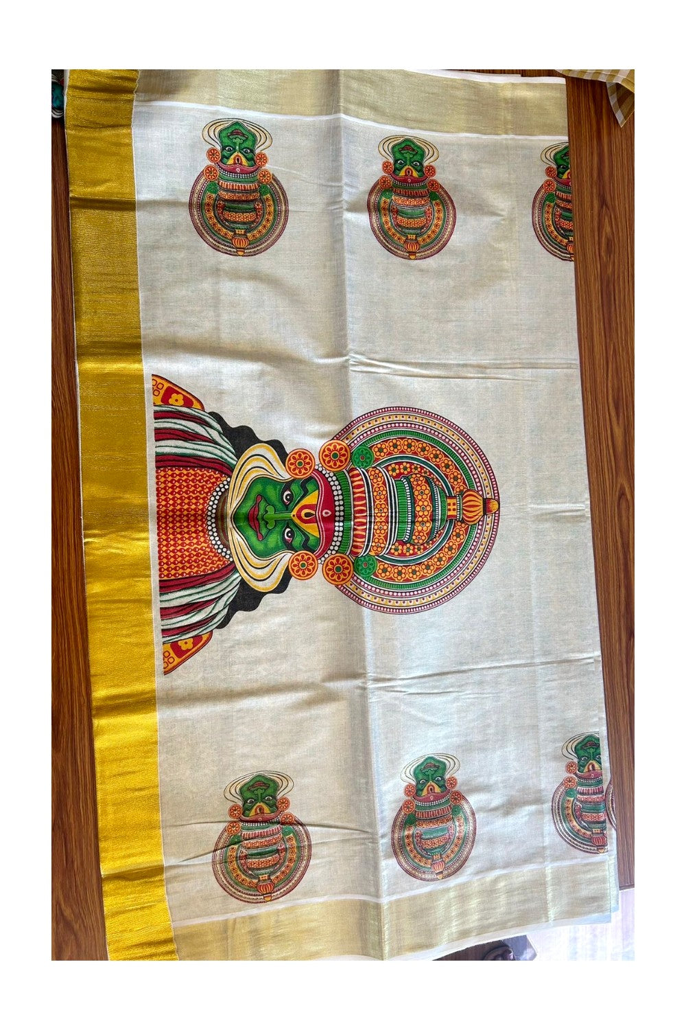 10% Discount!! Kaitharikada Kerala Saree - Kasavu Tissue - Kasavu Zari & Kathakali Mural Prints in Gold- 1KK1008VIN