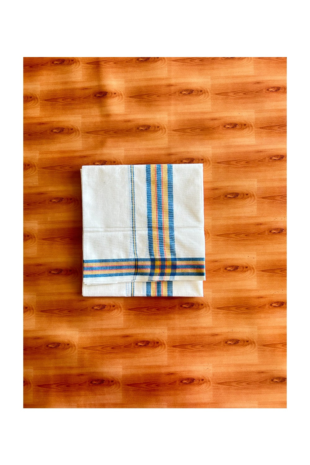 29% Discount!! KaithariKada - Kerala Cotton SINGLE SET MUND FOR WOMEN - Blue, Yellow & Red Mulloth Kara- 1KK494VIN