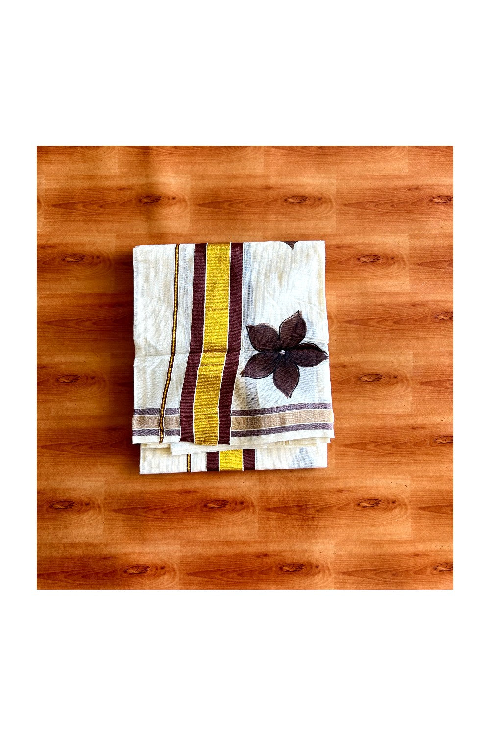 22% Discount!! KaithariKada - Kerala Cotton SINGLE SET MUND FOR WOMEN - Kasavu Kara with Brown Flower Design - 1KK495VIN