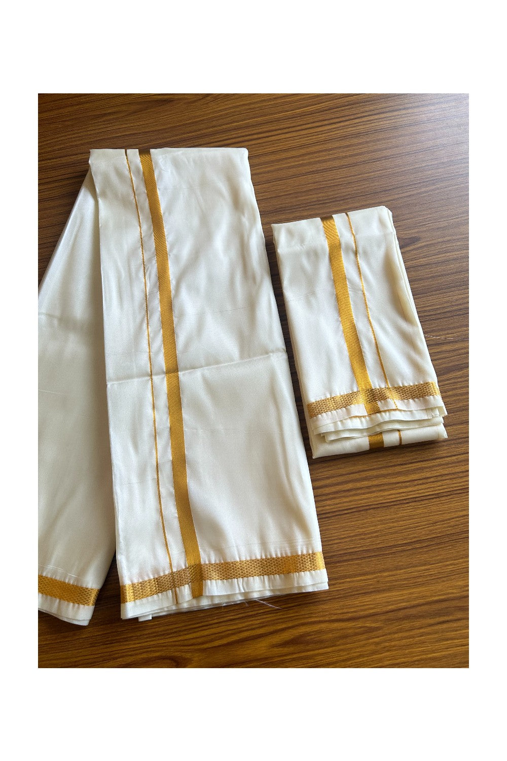 KaithariKada Balaramapuram 100% Art Silk OFF WHITE Double Mundu/Dhoti & Neriyath - 1.25inch Gold Kasavu kara - 1KK5015KAN
